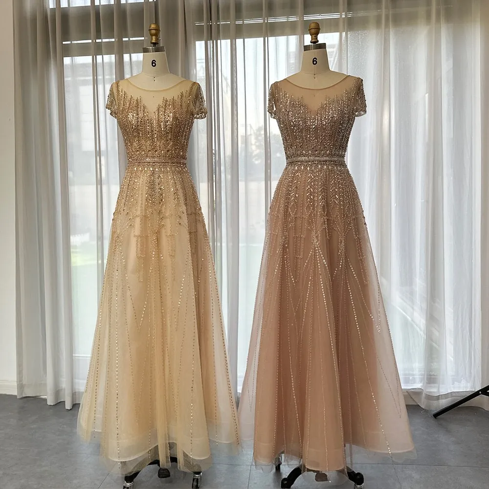 Luxury Beaded Pale Pink Short Sleeve Evening Dress SS059