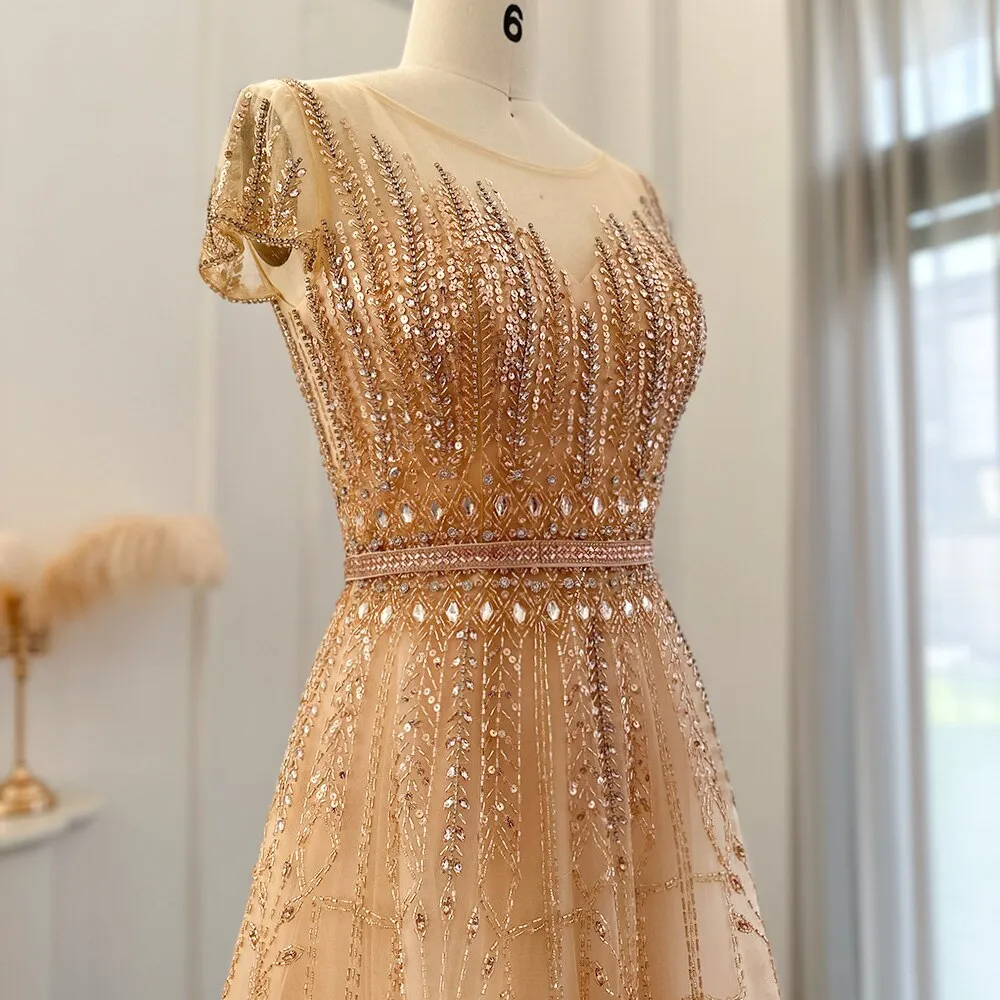 Luxury Beaded Pale Pink Short Sleeve Evening Dress SS059
