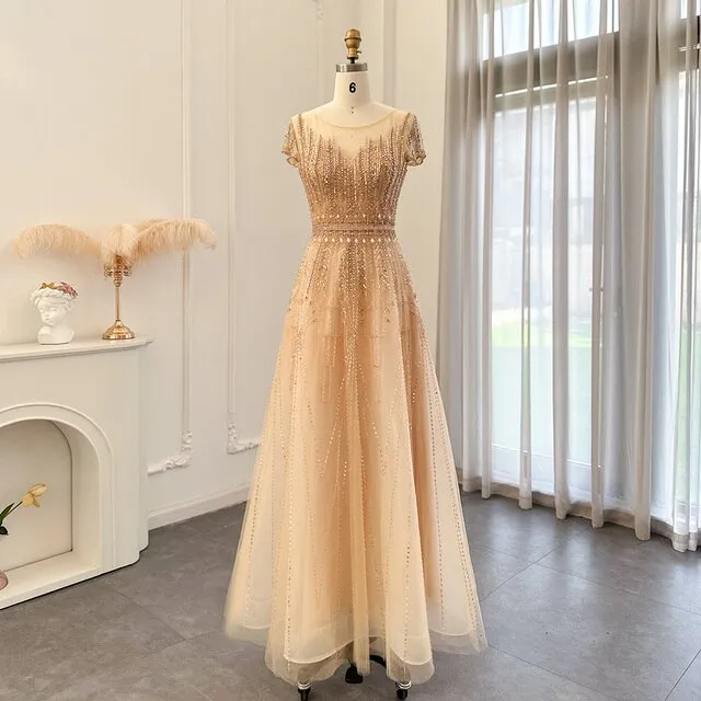Luxury Beaded Pale Pink Short Sleeve Evening Dress SS059