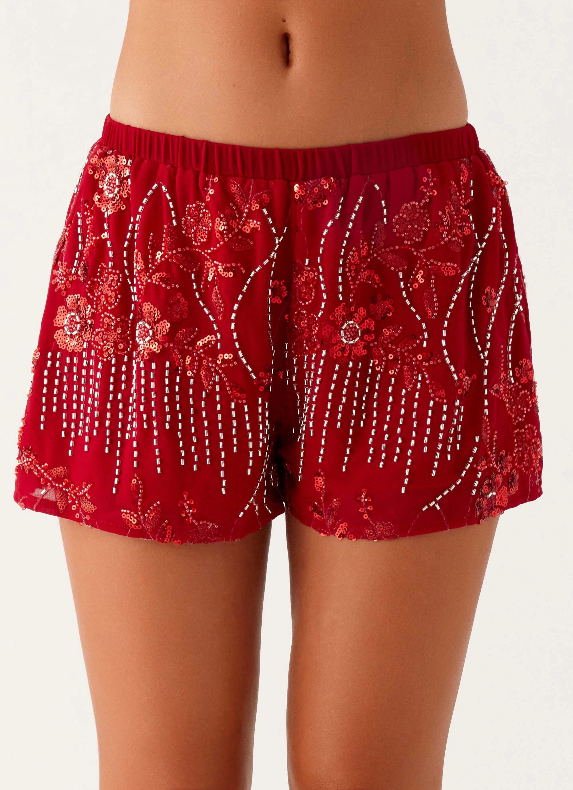 Flexible Side Gussets Convertible 2 In 1 Function Mercer Sequin Mini Shorts - Red