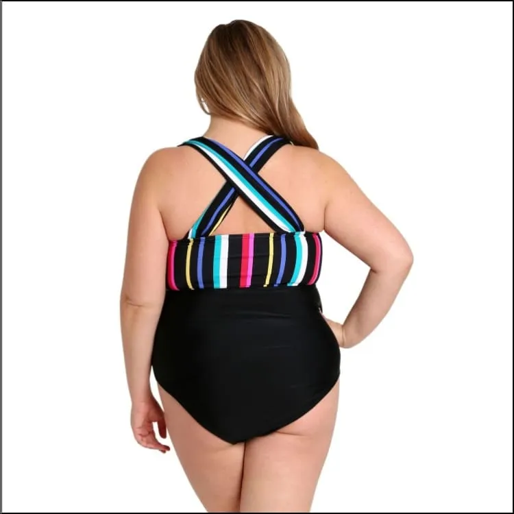 Lysa Women’s Plus Size Paris Vertical Stripe One Piece Swimsuit 0X 1X 2X 3X