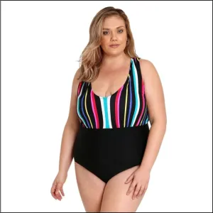 Lysa Women’s Plus Size Paris Vertical Stripe One Piece Swimsuit 0X 1X 2X 3X