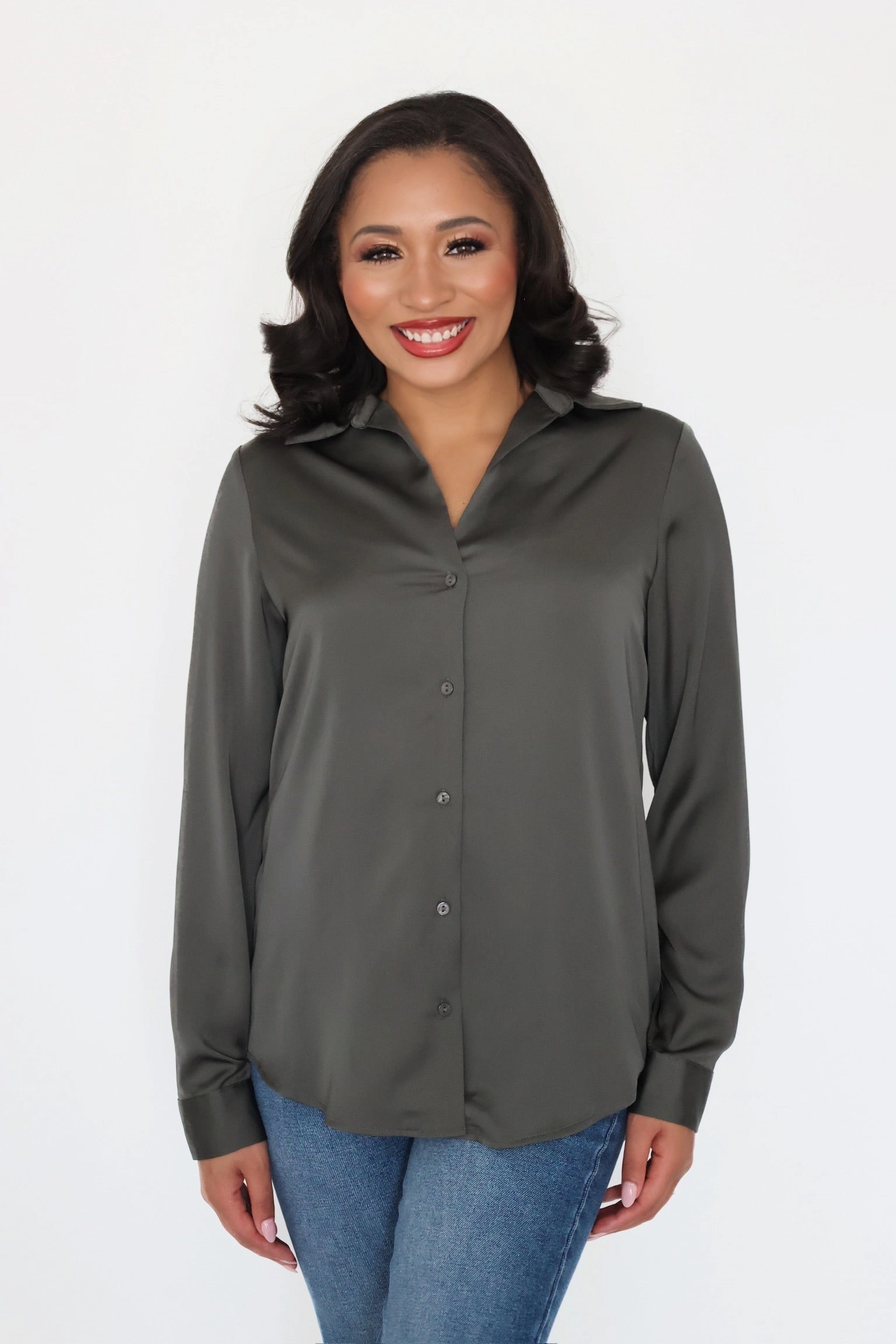 Lyza Satin Button Up- Dark Olive Breathable Linen Blend