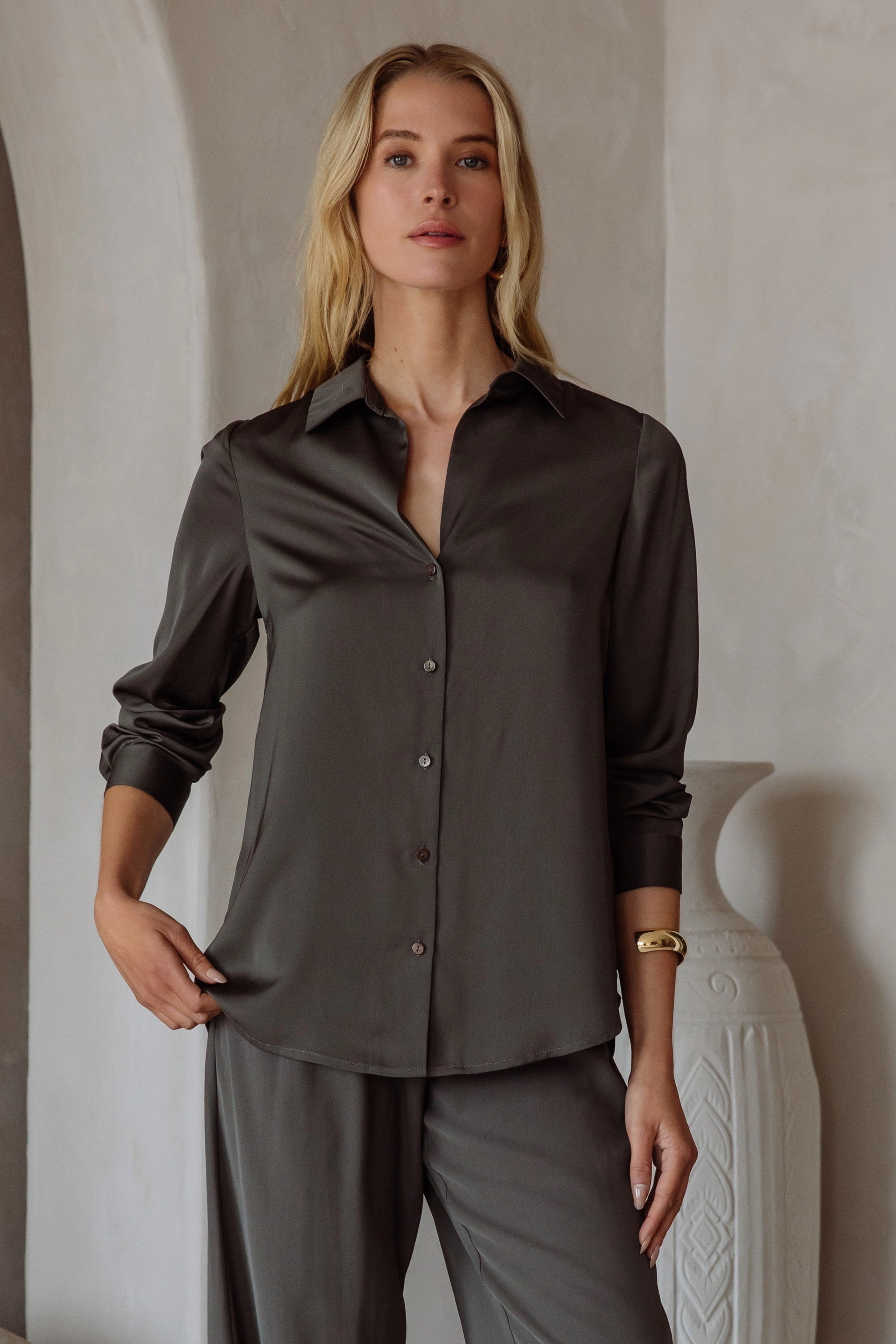 AllDaySoftness Lyza Satin Button Up- Dark Olive