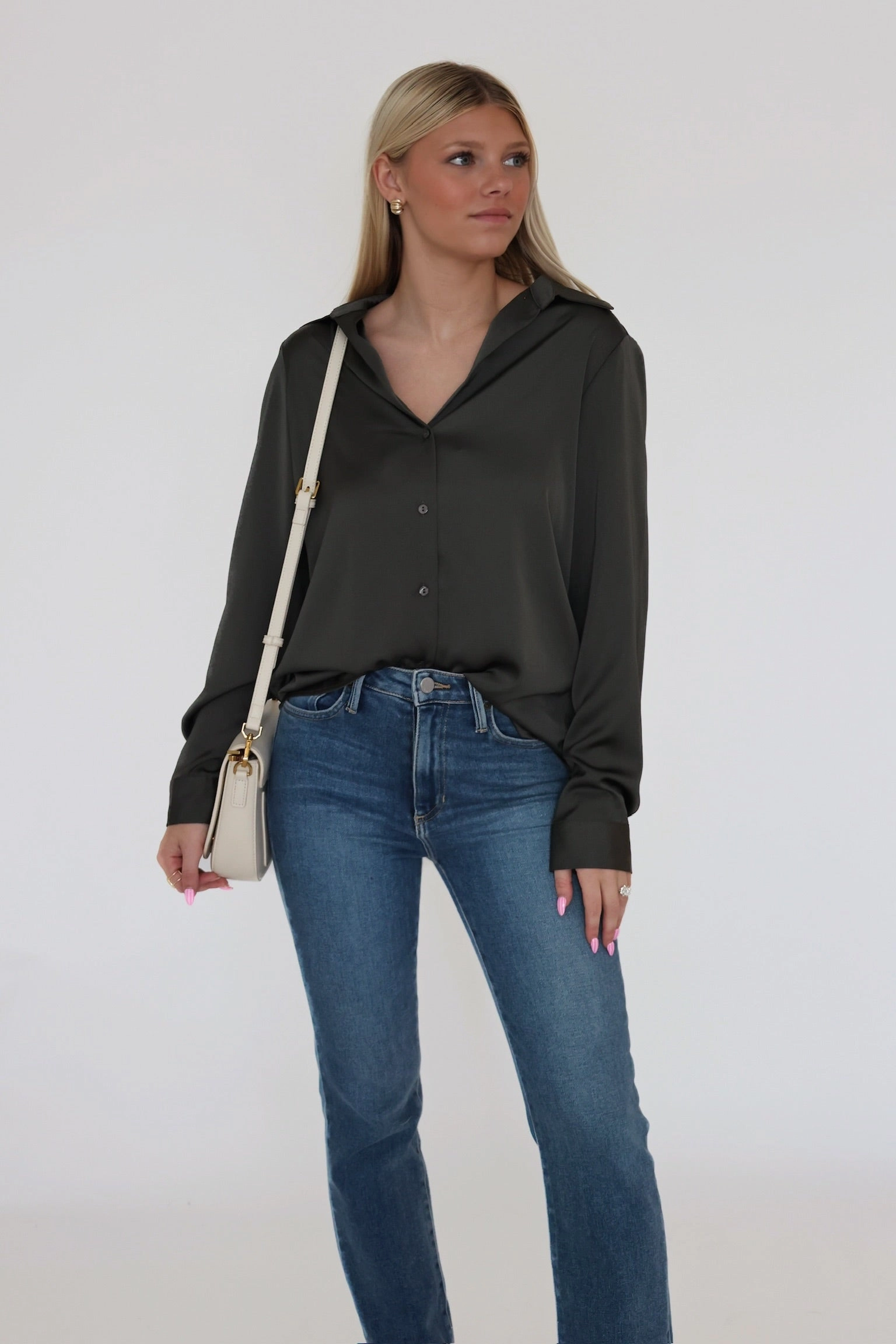 EcoDyeProcess Lyza Satin Button Up- Dark Olive