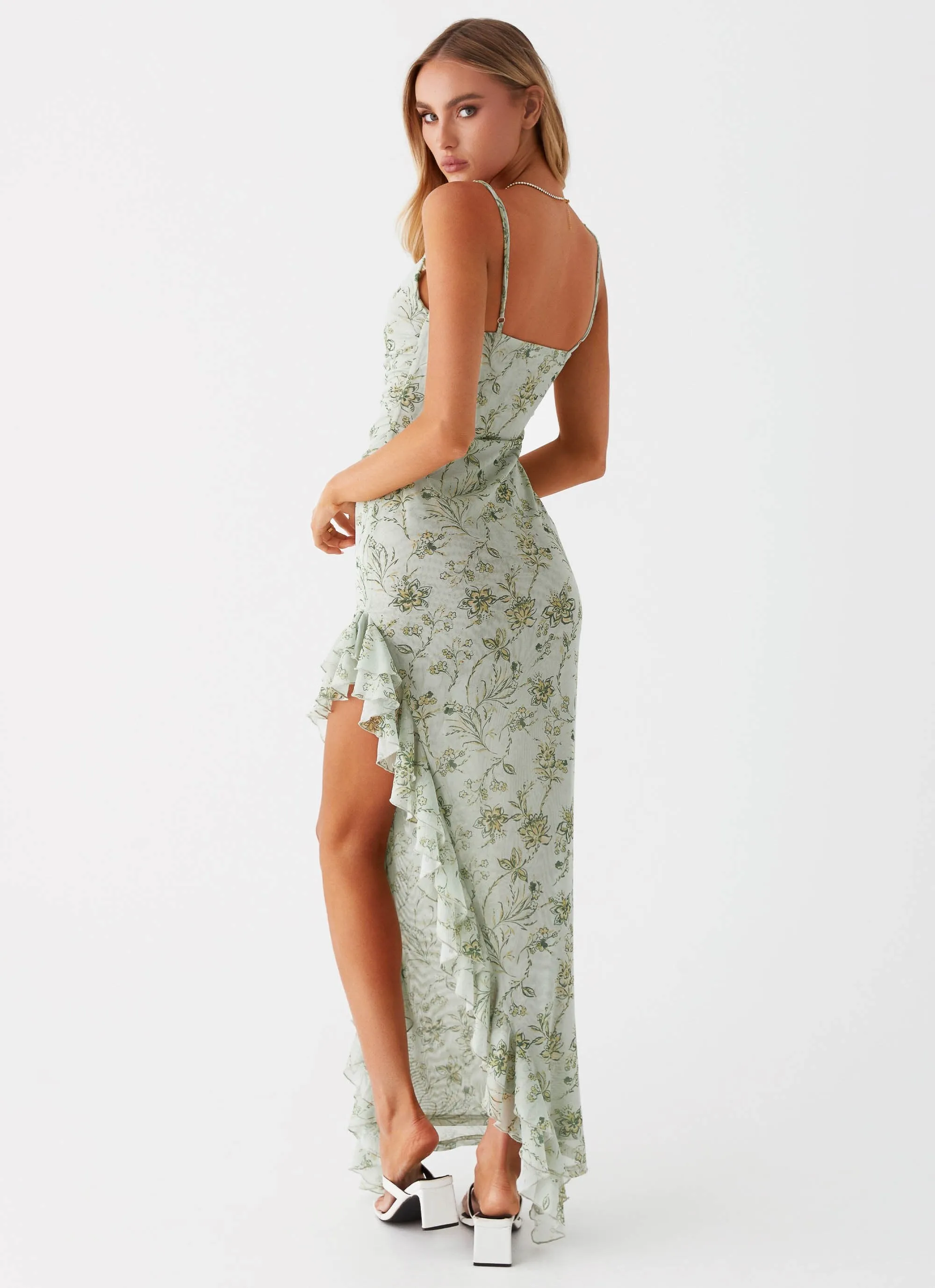 Princessa Maxi Dress - Sage Floral Flexible Shoulder Panels Ethical production