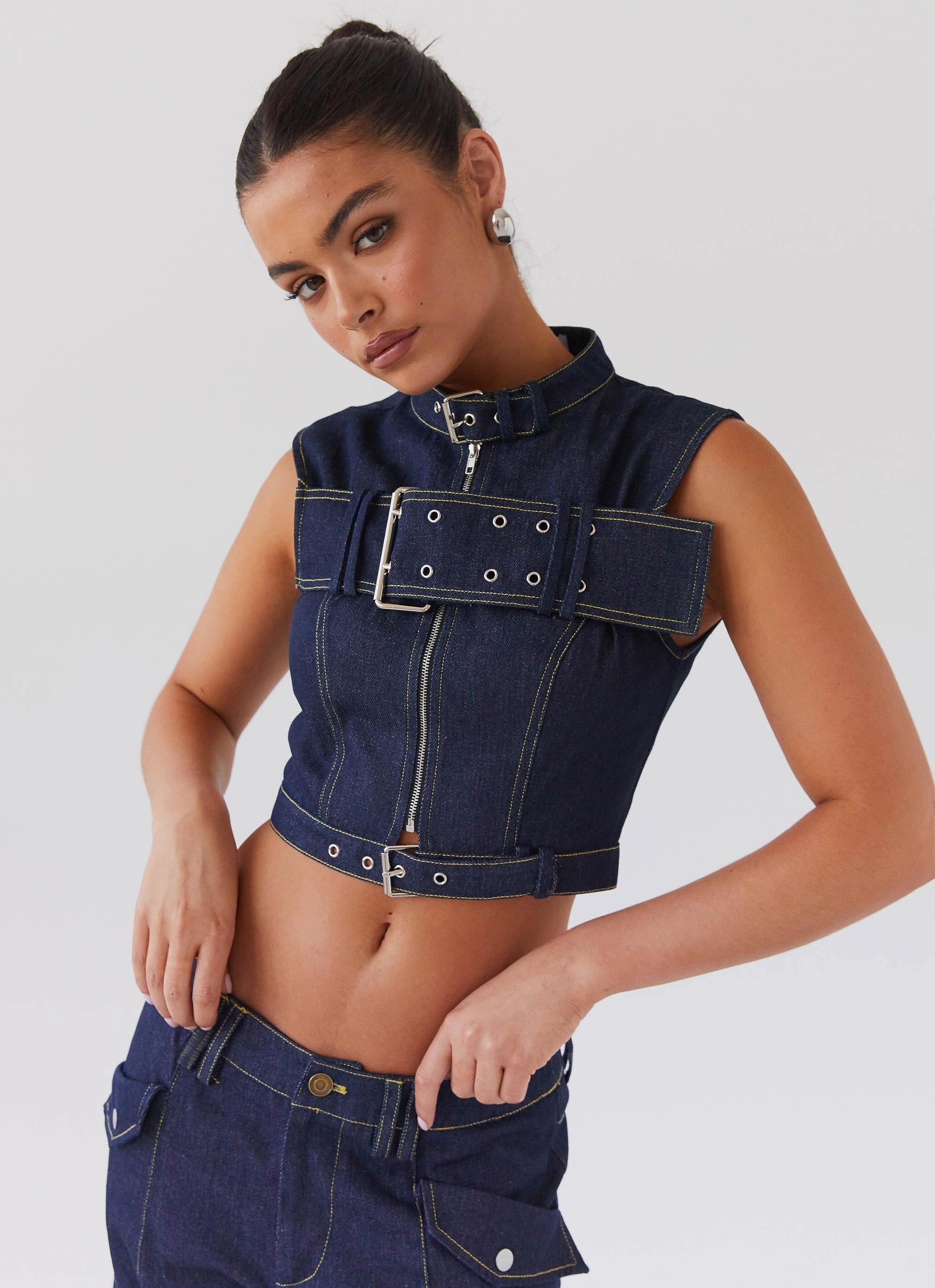 Greedy Denim Buckle Top - Indigo Simple Cut NonRestrictiveSilhouette