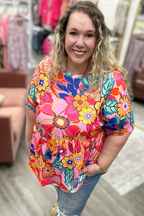 Maeve - Floral Print Short Sleeve Babydoll Blouse