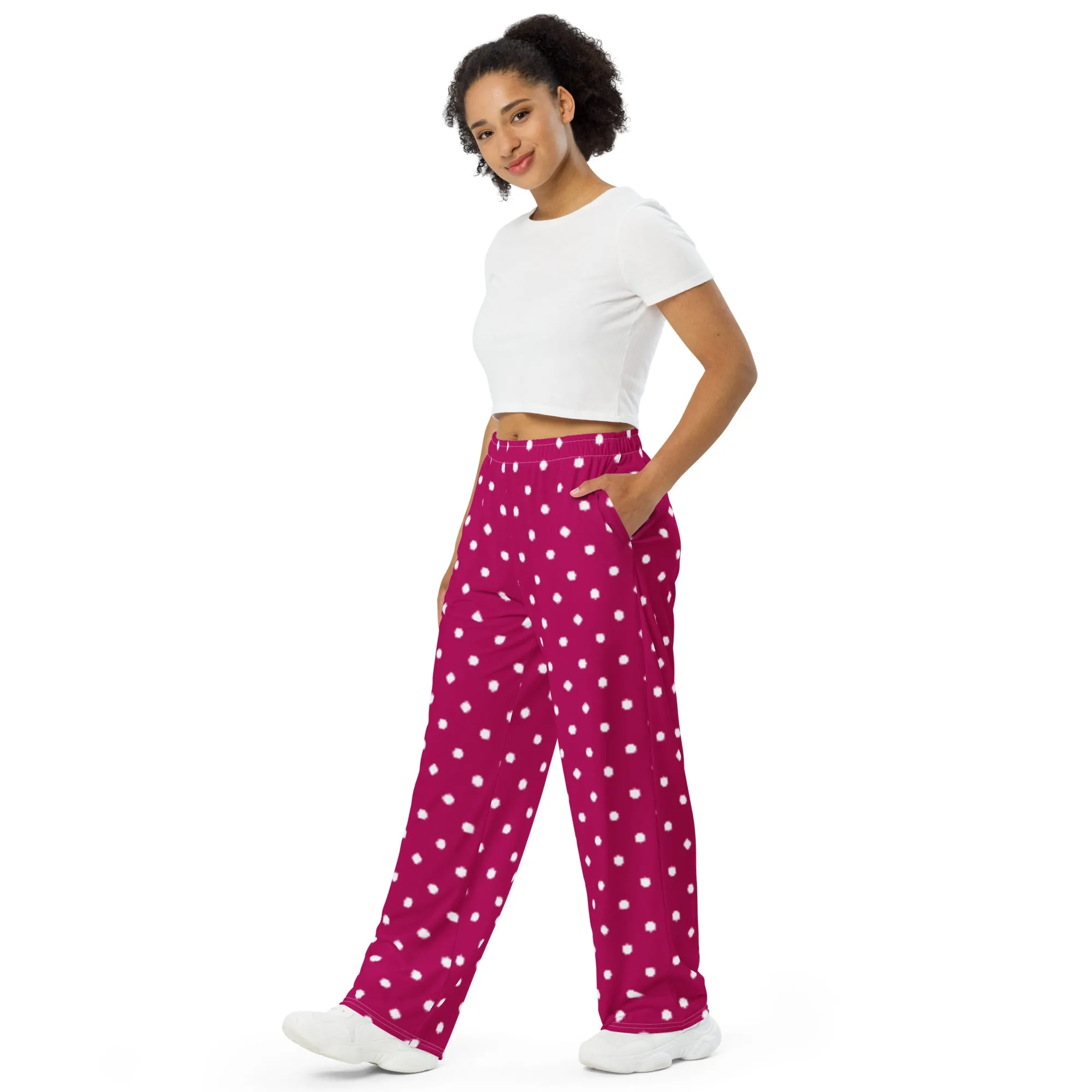 Magenta with White Polka Dots  All-over print unisex wide-leg pants