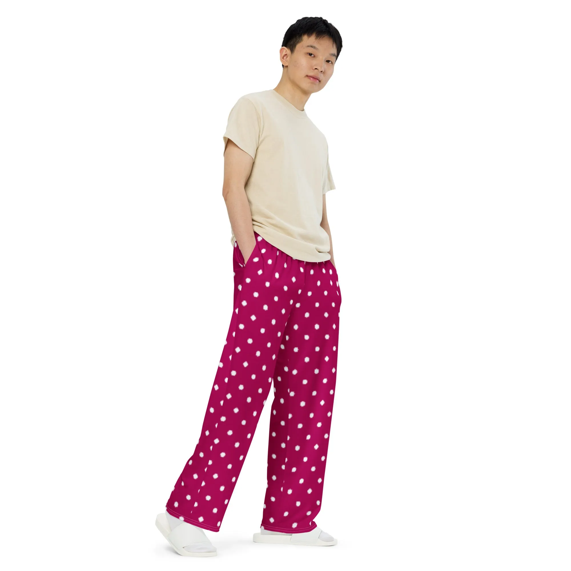 Magenta with White Polka Dots  All-over print unisex wide-leg pants