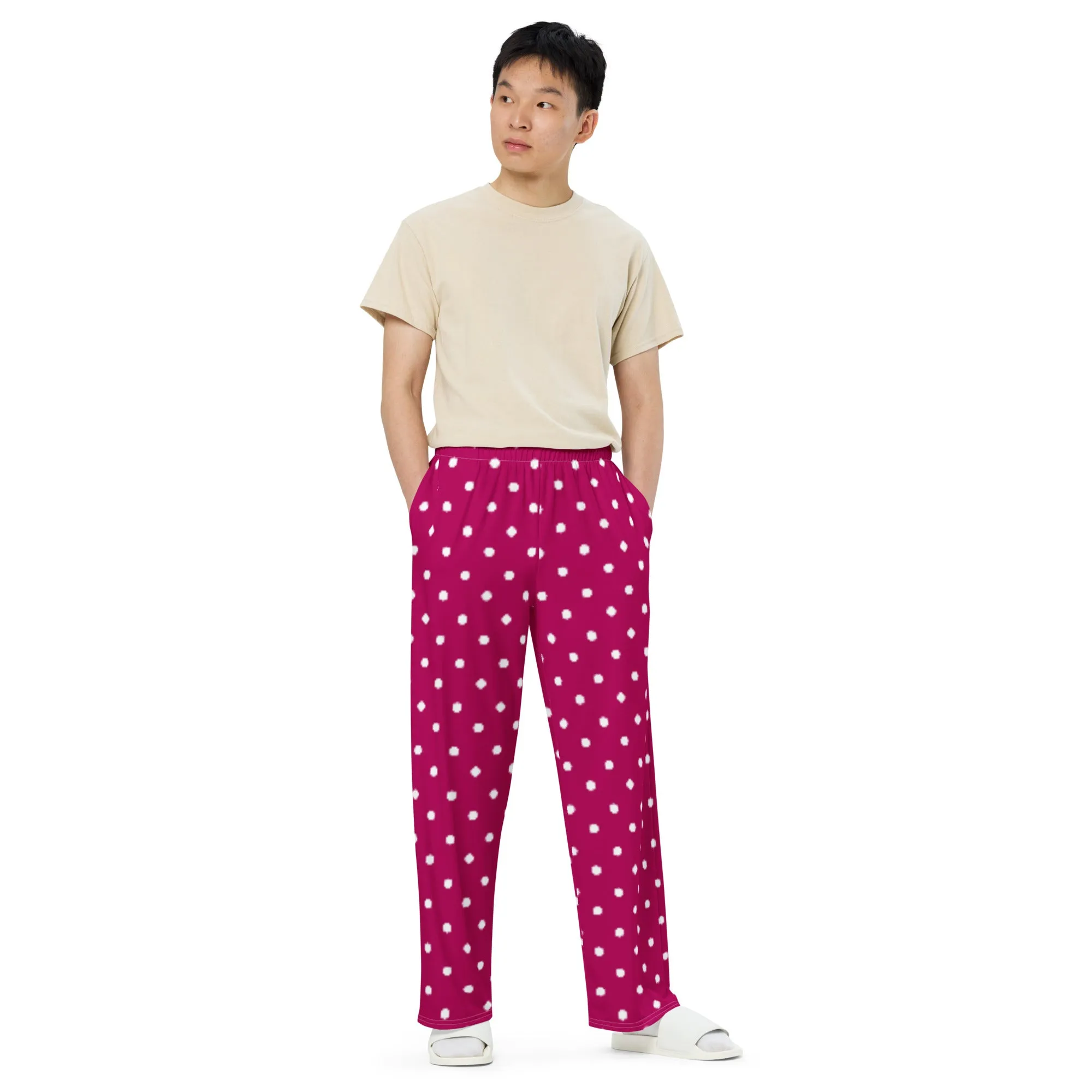 Magenta with White Polka Dots  All-over print unisex wide-leg pants
