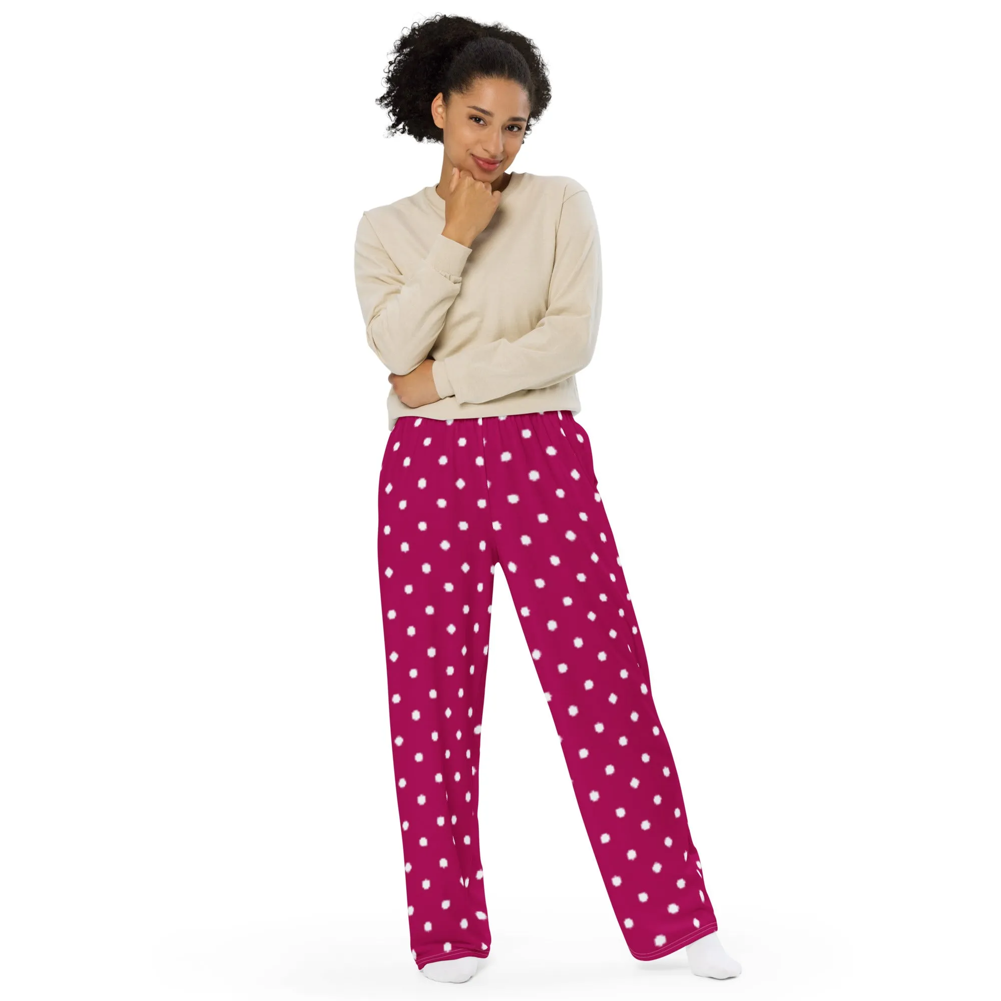 Magenta with White Polka Dots  All-over print unisex wide-leg pants