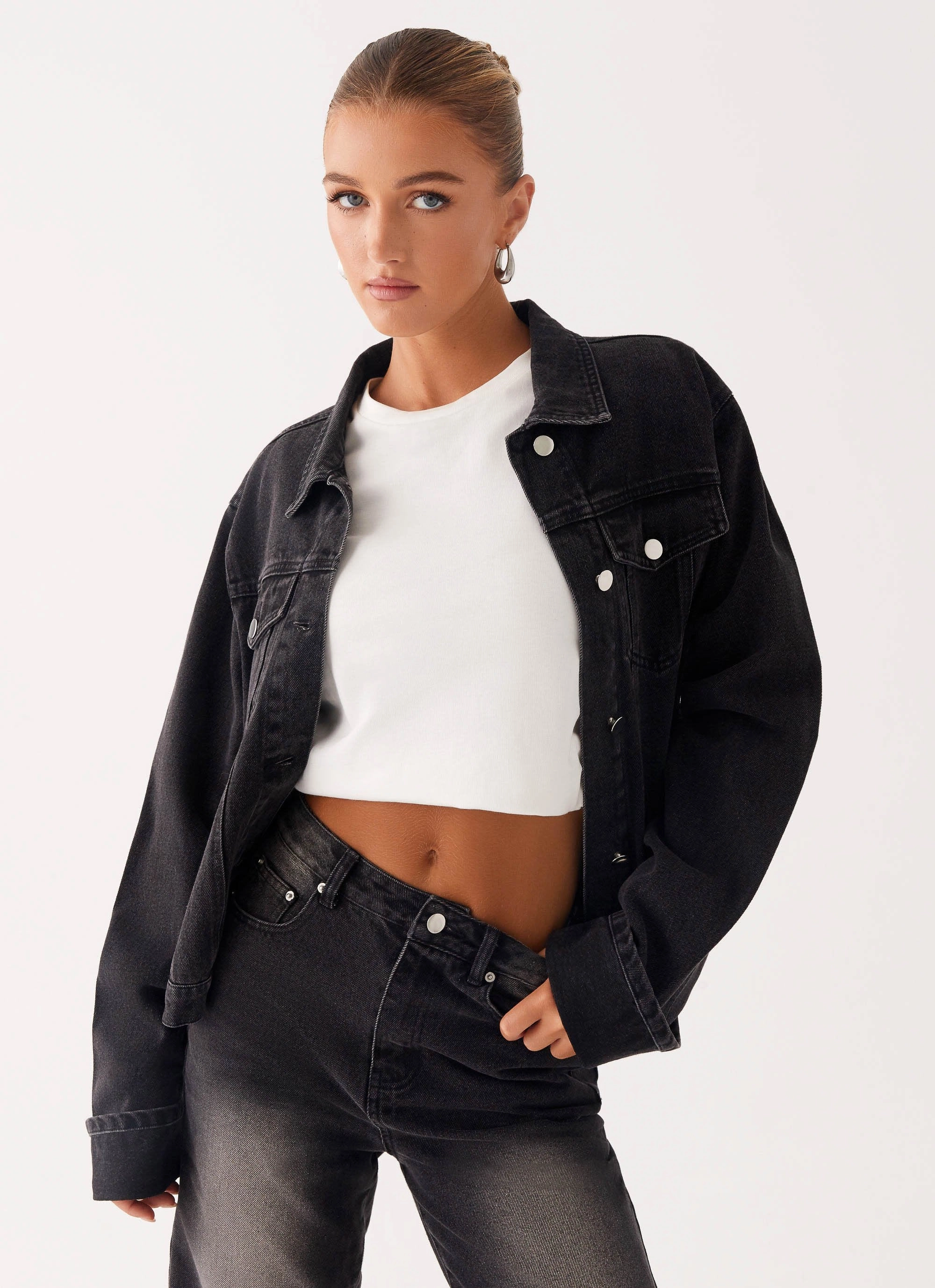 Back Again Oversized Denim Jacket - Charcoal Wash Water resistant coating Secure Closure Systems