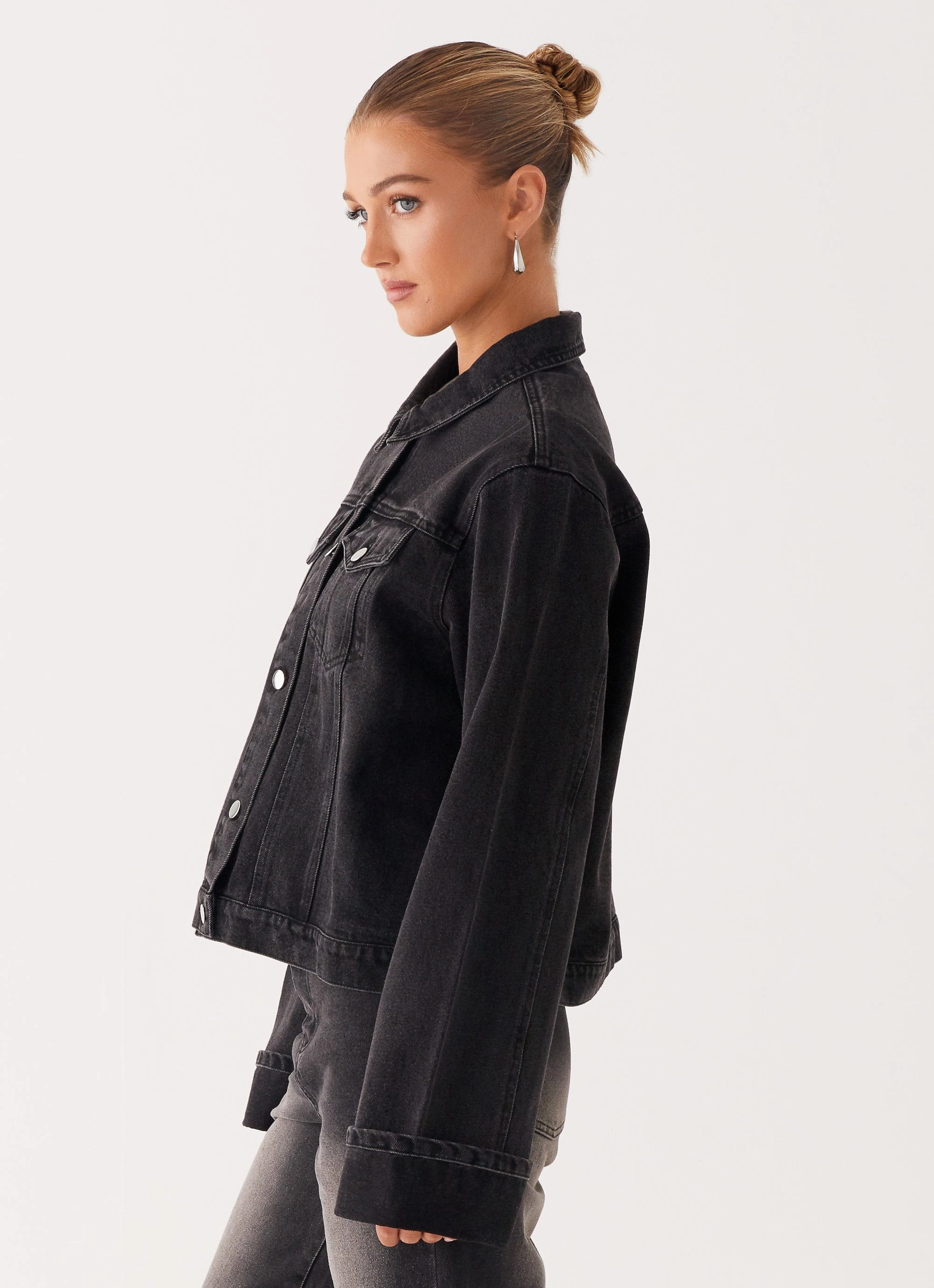 Back Again Oversized Denim Jacket - Charcoal Wash Multi Pocket System Chill Commute Fit