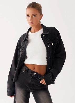 Back Again Oversized Denim Jacket - Charcoal Wash Water resistant coating Secure Closure Systems
