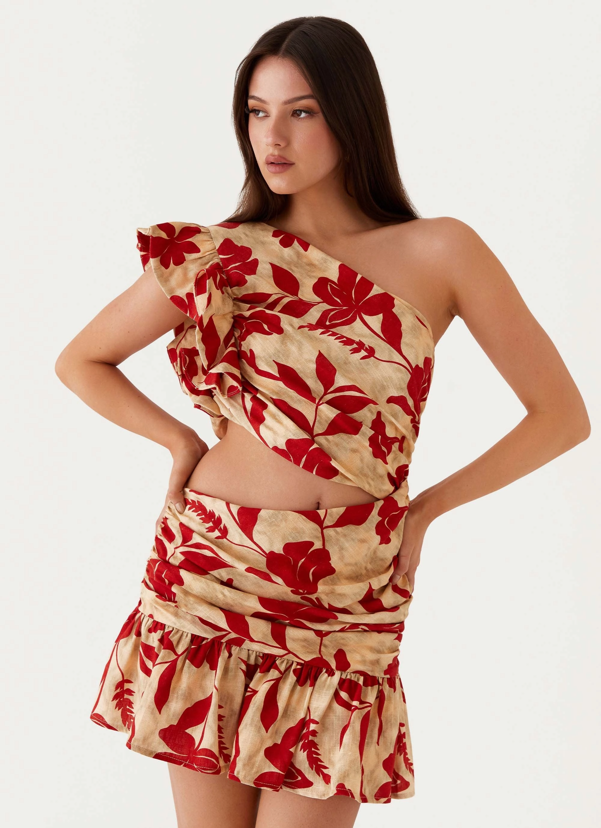 Maisie Linen Mini Dress - Red Green Floral Relax Draping