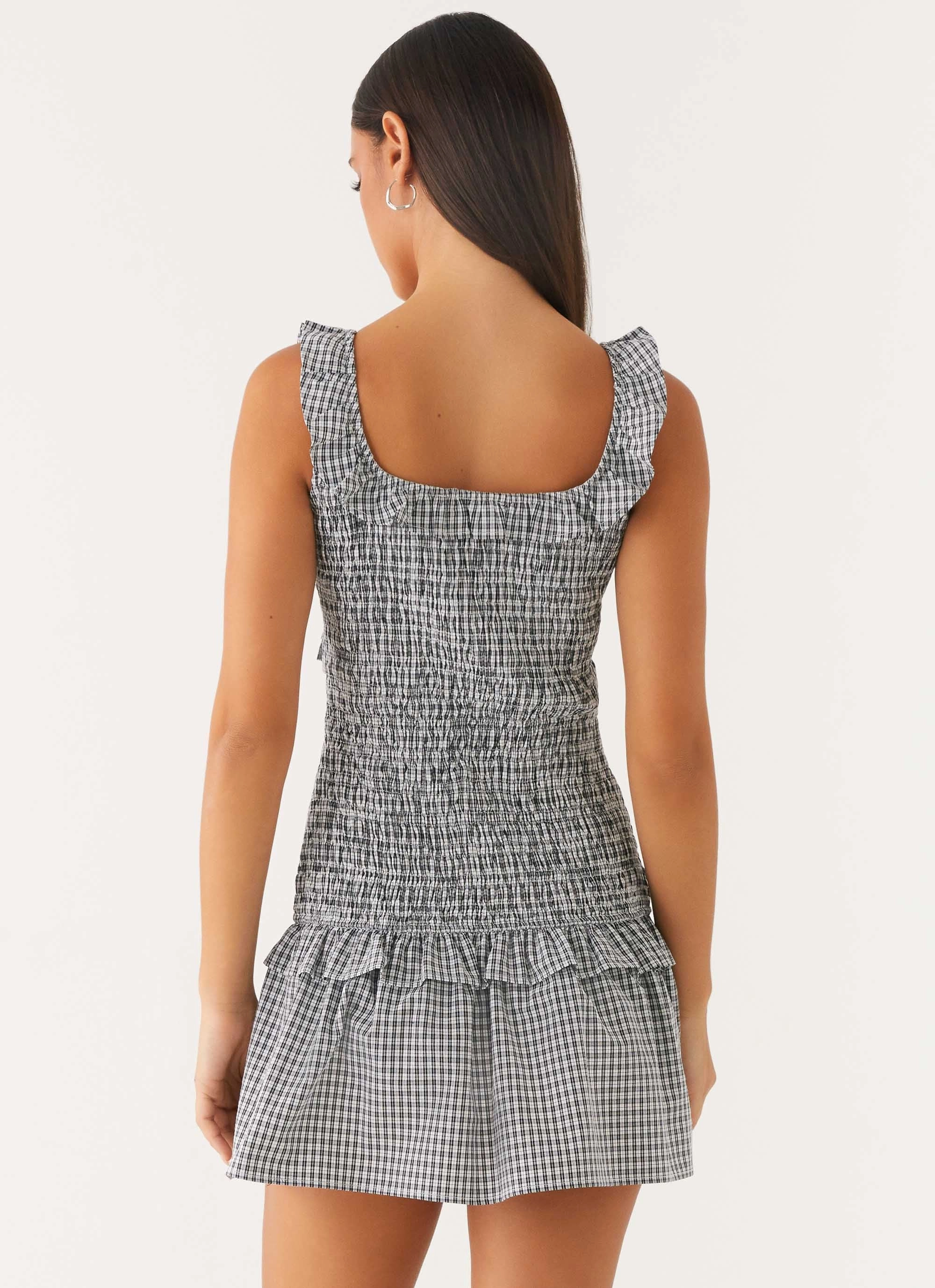 Mali Shirred Mini Dress - Checker Bloom Soft Simple yet chic gown