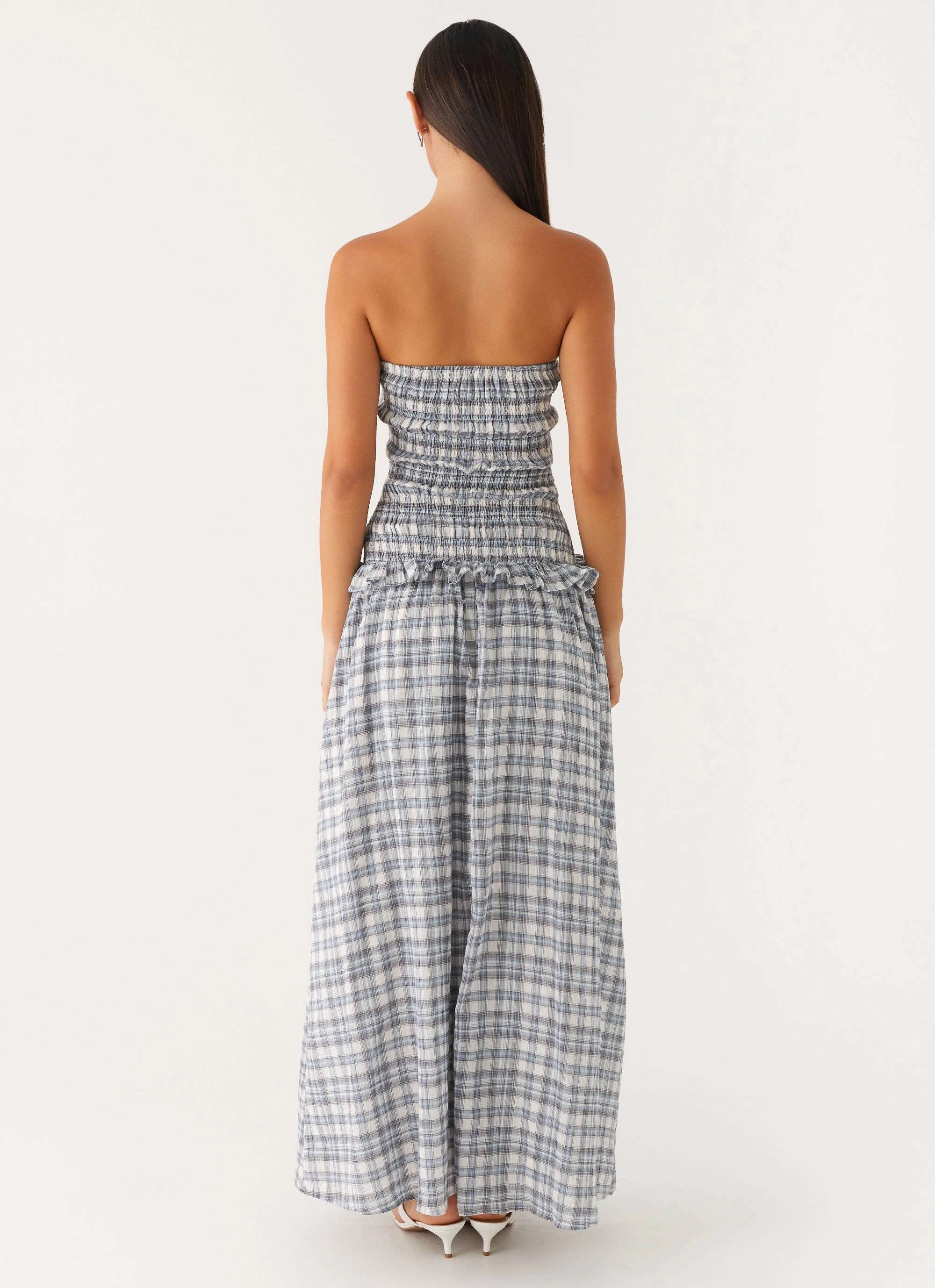 Daily Mood Simple Chic Malia Shirred Maxi Dress - Blue Grey Check