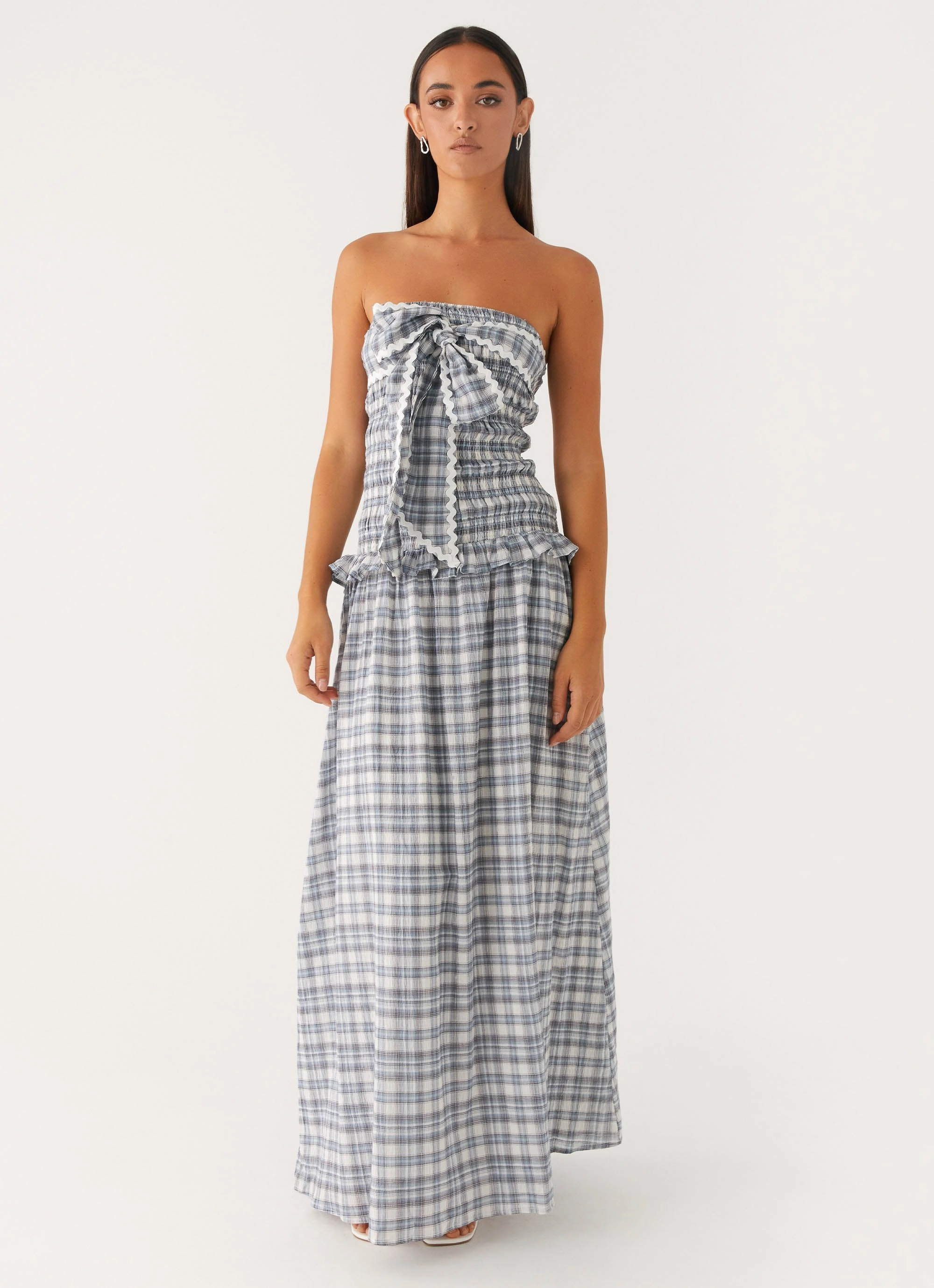 Office Layer Polished Form Malia Shirred Maxi Dress - Blue Grey Check