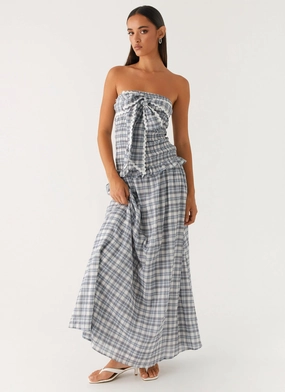 Luxury-Fabric Malia Shirred Maxi Dress - Blue Grey Check