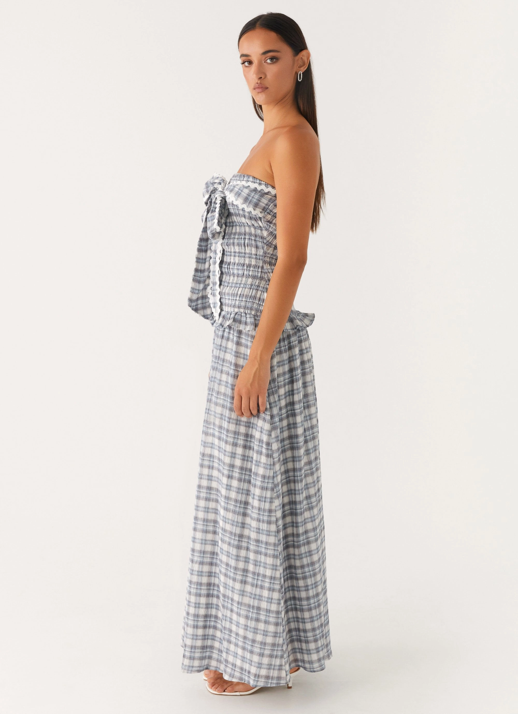 Malia Shirred Maxi Dress - Blue Grey Check Statement Mood