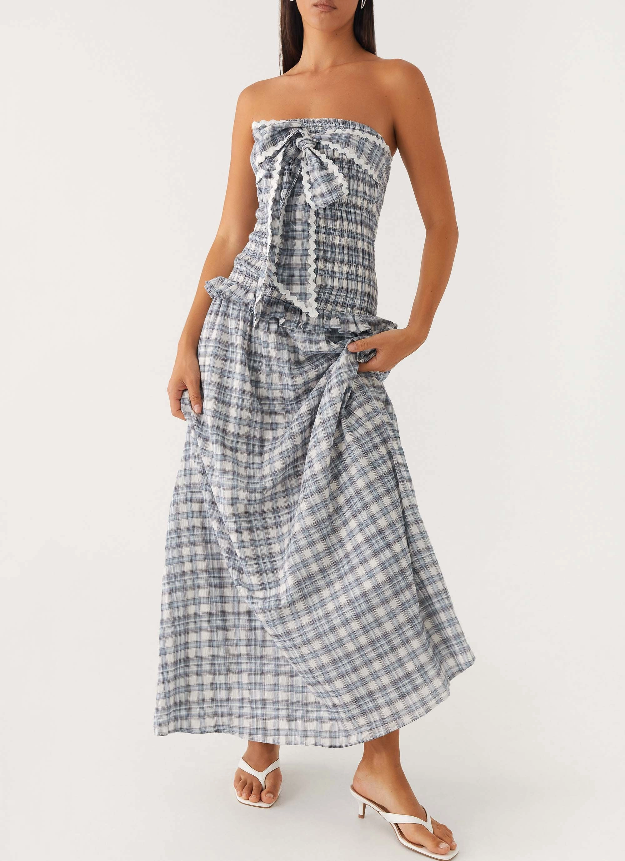 Layering-Piece Versatile Style Wear Malia Shirred Maxi Dress - Blue Grey Check