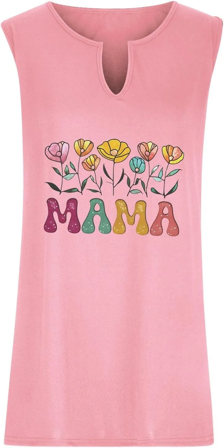 Mama Womens Tank Tops Plus Size Casual 2025 Summer Floral Printed V Neck Sleeveless T-Shirts Loose Tunic Blouses