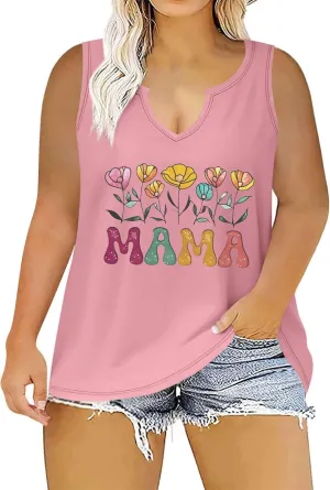 Mama Womens Tank Tops Plus Size Casual 2025 Summer Floral Printed V Neck Sleeveless T-Shirts Loose Tunic Blouses
