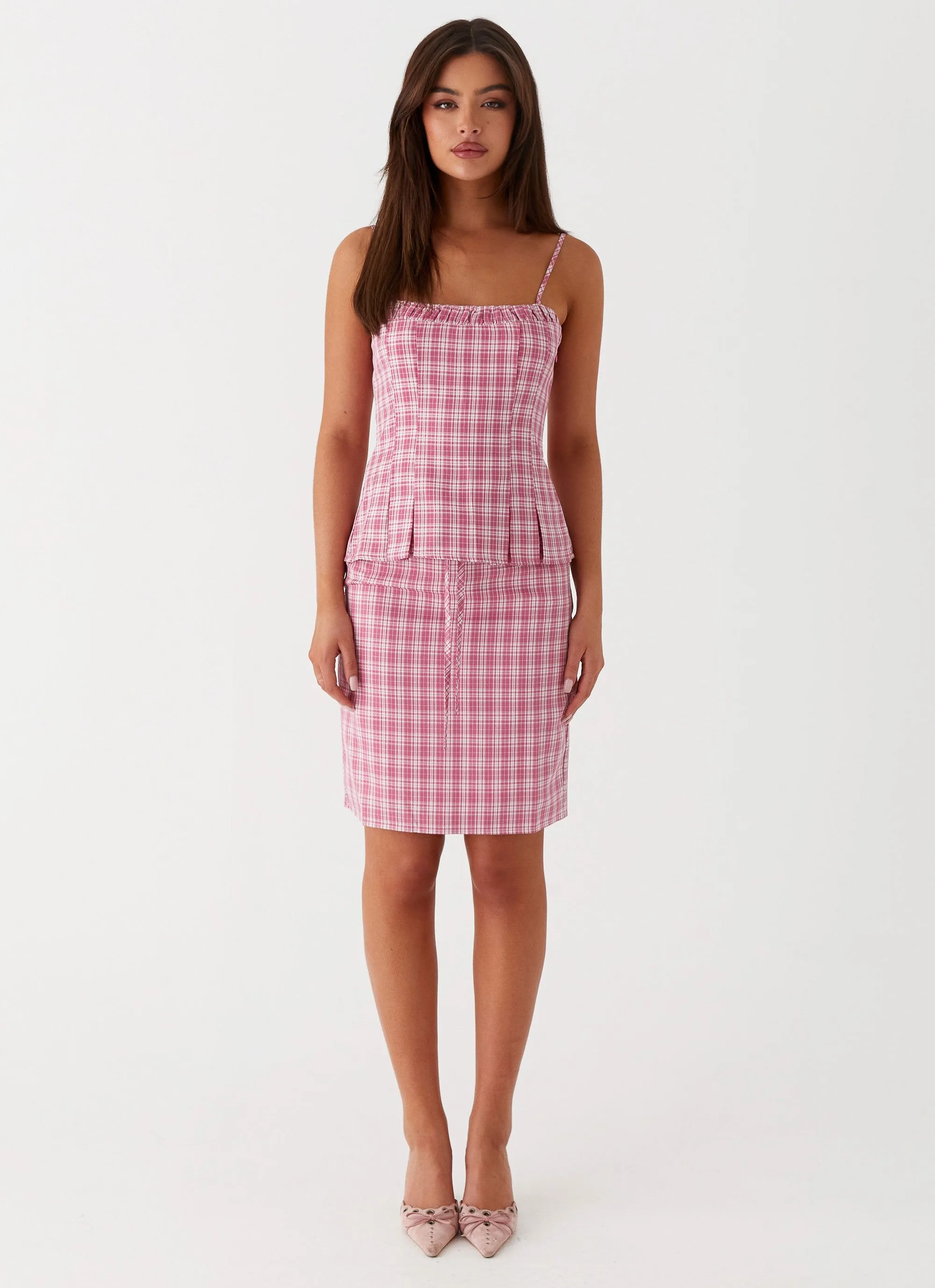 Mamita Midi Skirt - Pink Check Gather Details Bold Accent