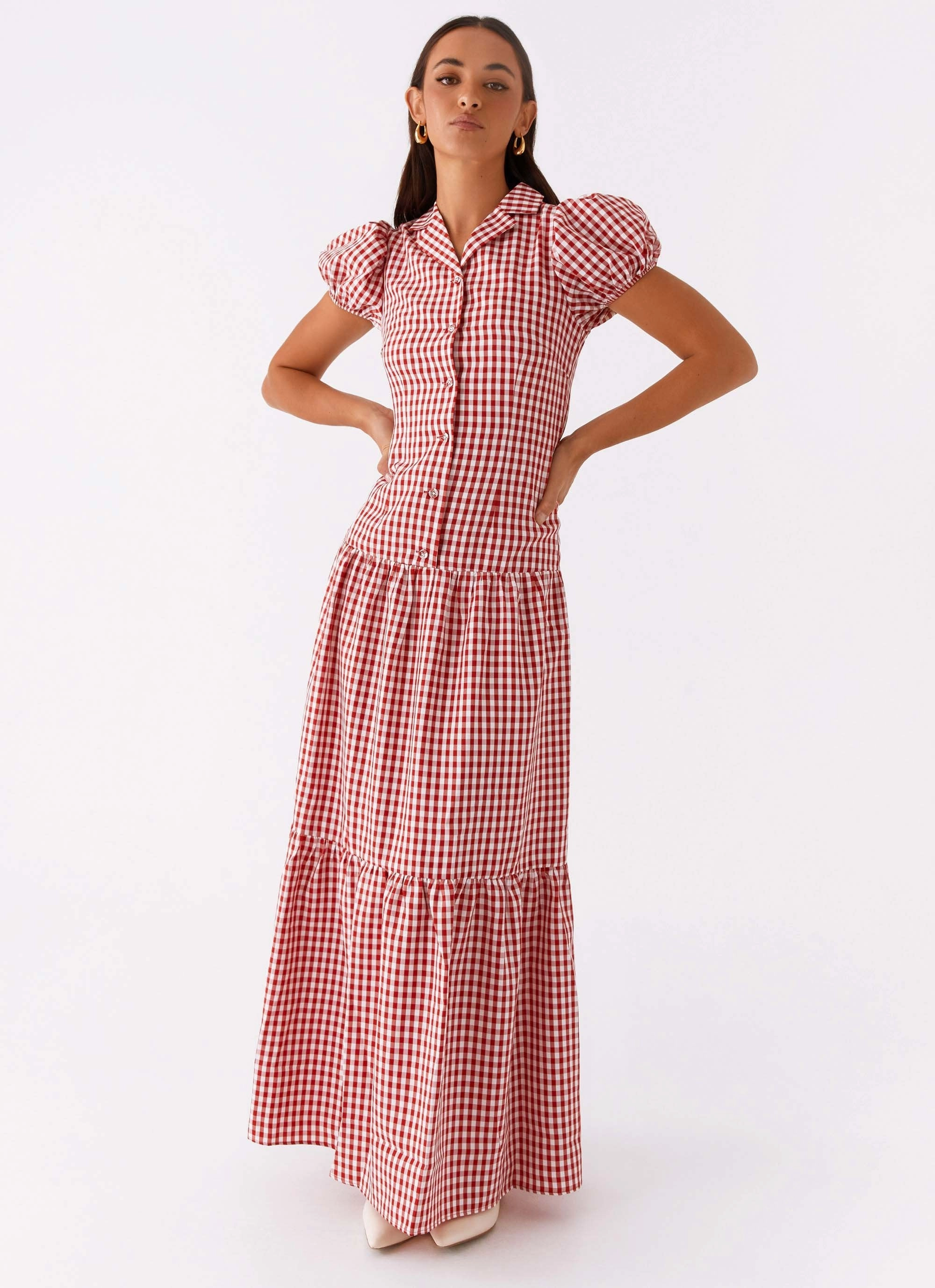 Verity Maxi Dress - Red Gingham Draped Fabric