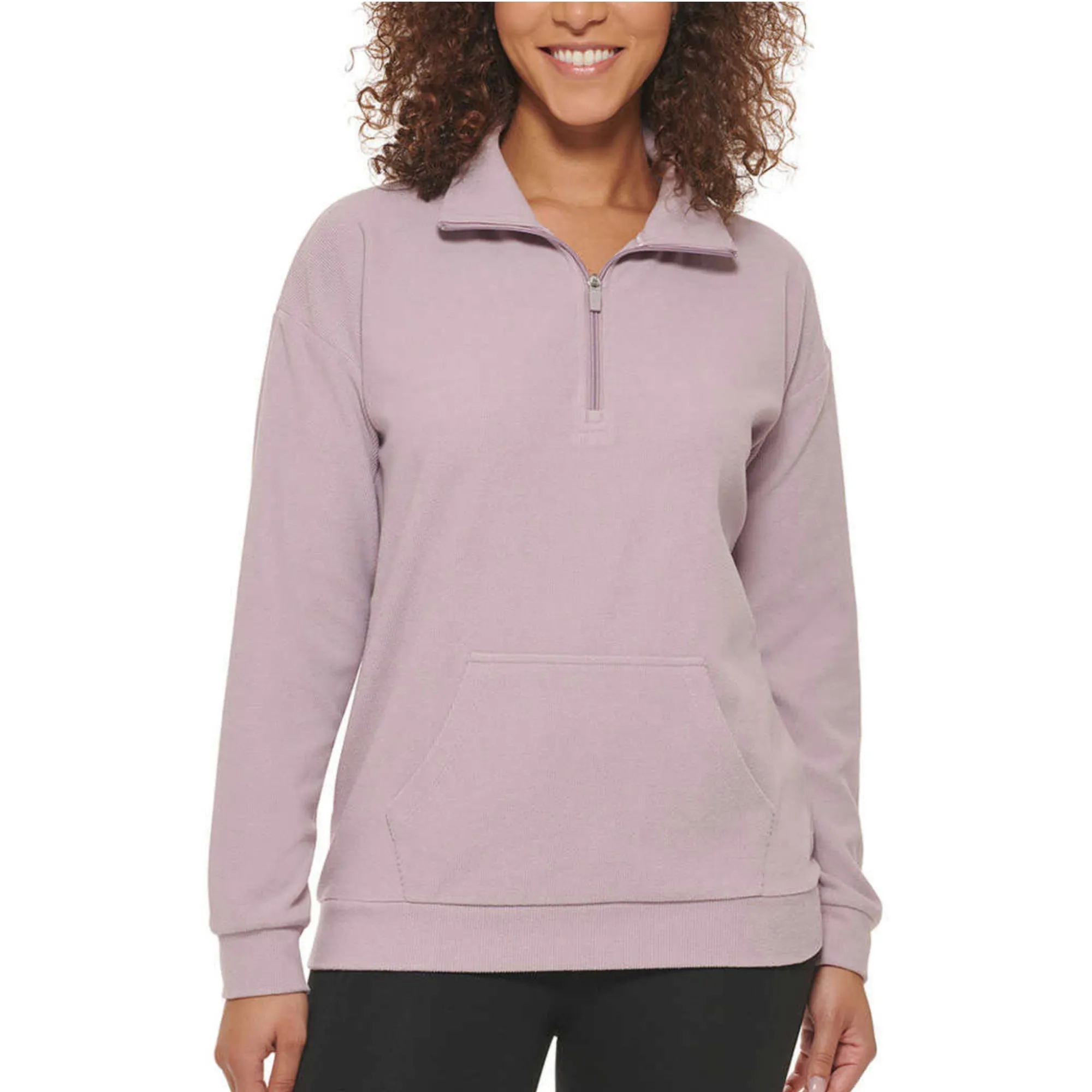 Marc NY By Andrew Marc Women's Kangaroo Pocket Ribbed Quarter Zip Sweatshirt Pullover Top