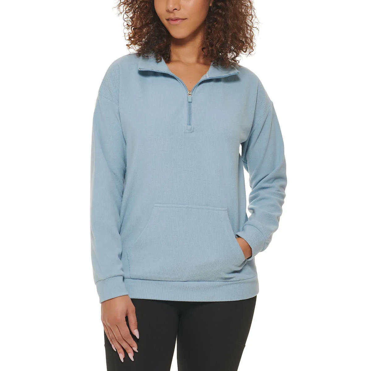 Marc NY By Andrew Marc Women's Kangaroo Pocket Ribbed Quarter Zip Sweatshirt Pullover Top