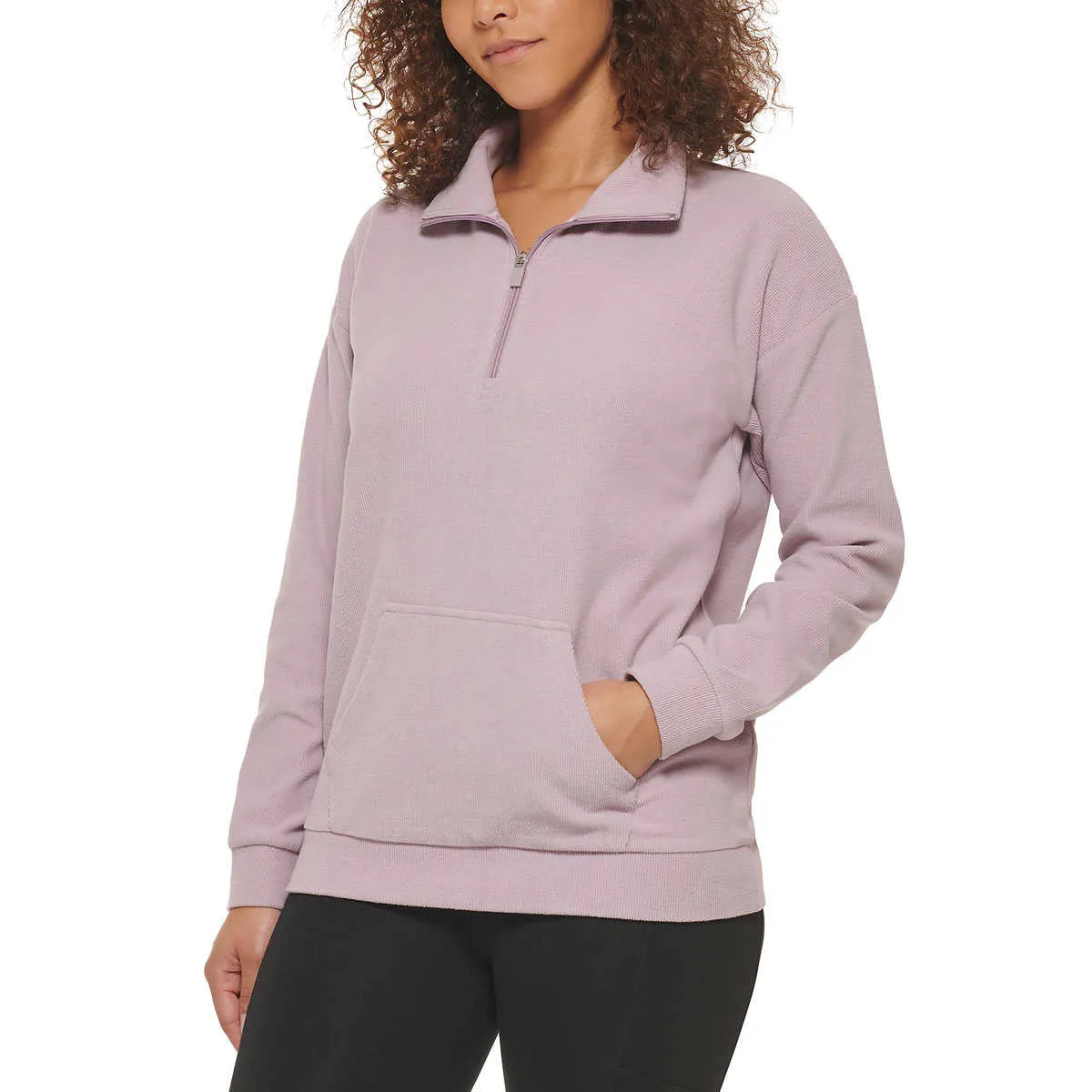 Marc NY By Andrew Marc Women's Kangaroo Pocket Ribbed Quarter Zip Sweatshirt Pullover Top