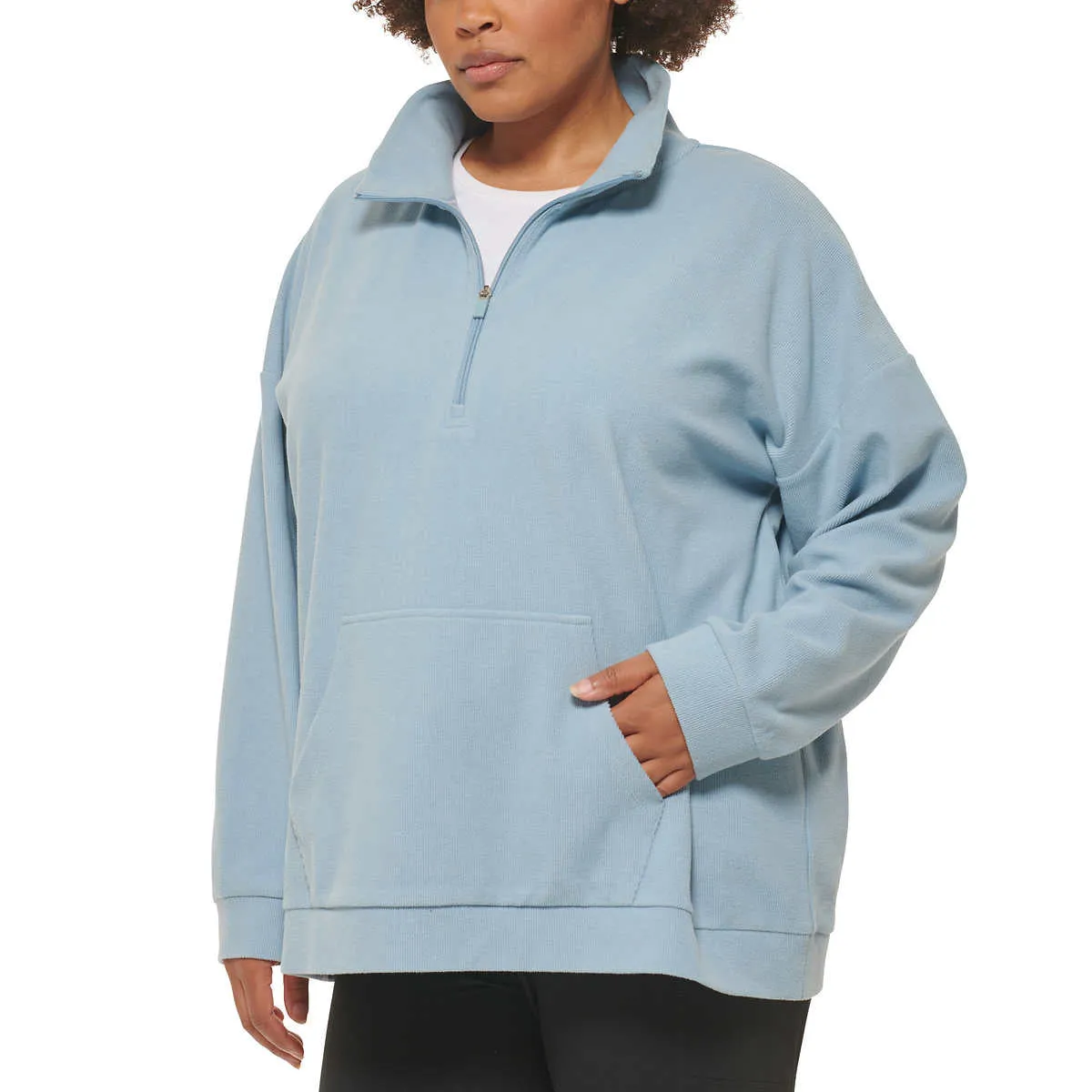 Marc NY By Andrew Marc Women's Kangaroo Pocket Ribbed Quarter Zip Sweatshirt Pullover Top