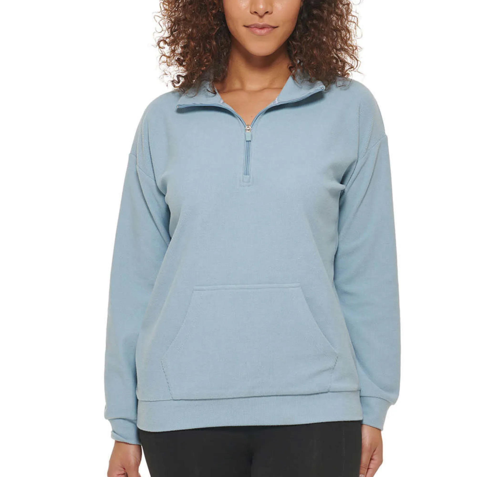 Marc NY By Andrew Marc Women's Kangaroo Pocket Ribbed Quarter Zip Sweatshirt Pullover Top