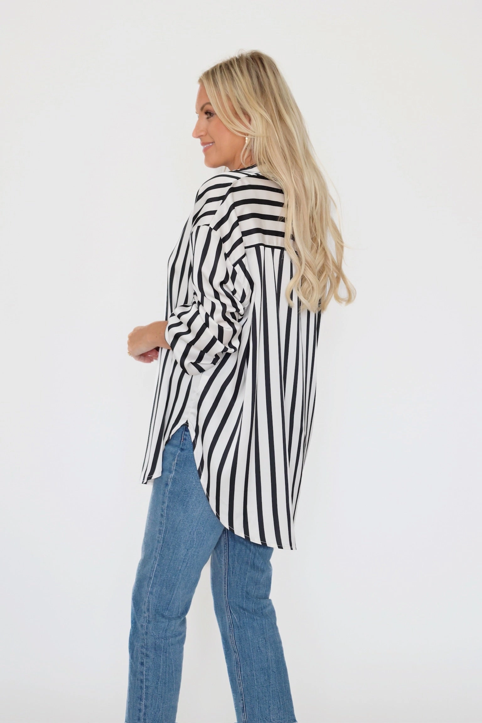 Quick-Dry Fabric Durable Interlock Stitch Maren Satin Button Down - Black