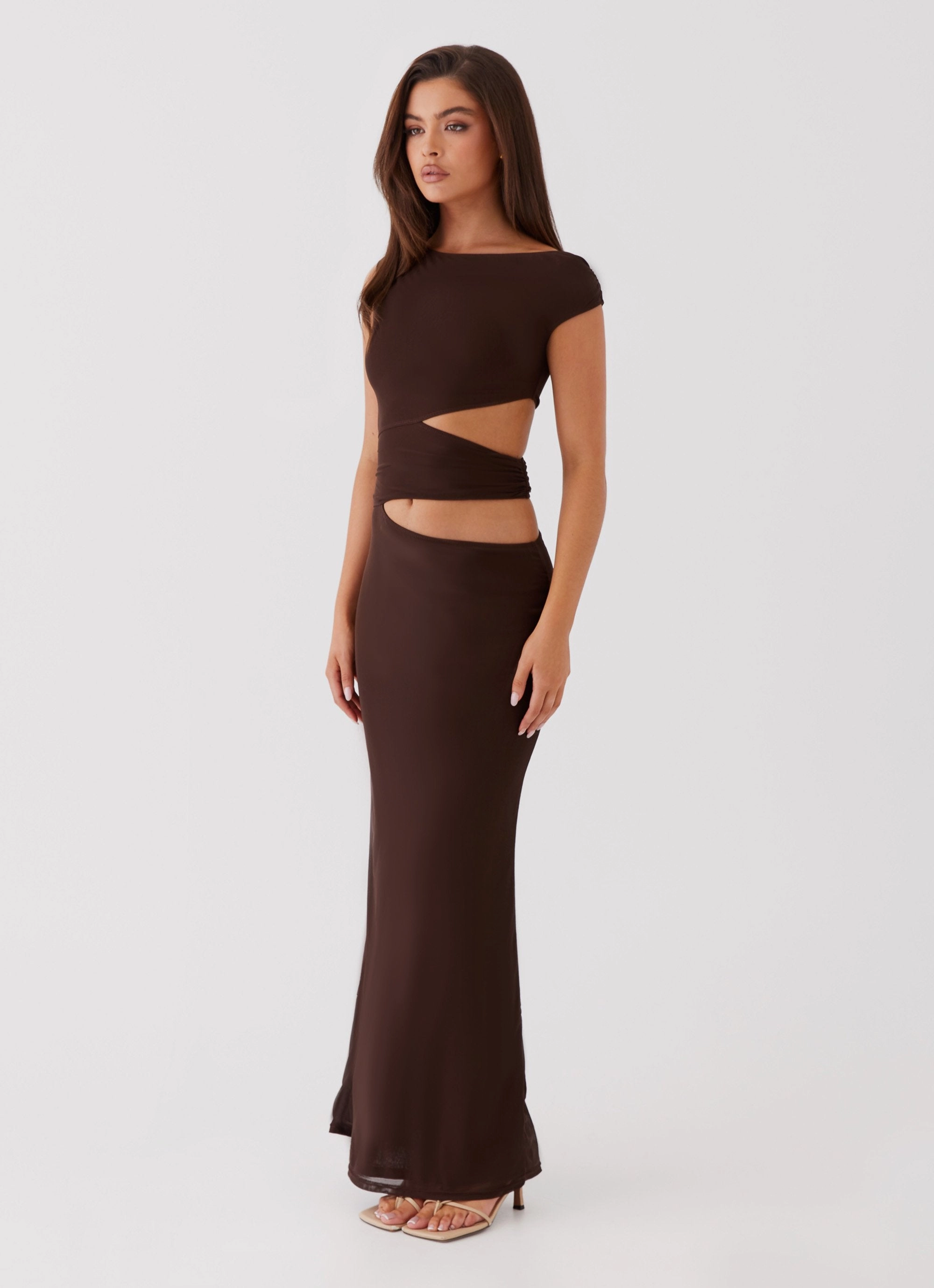 Dreamy Texture Lightweight Piece Margot One Shoulder Maxi Dress - Chocolate