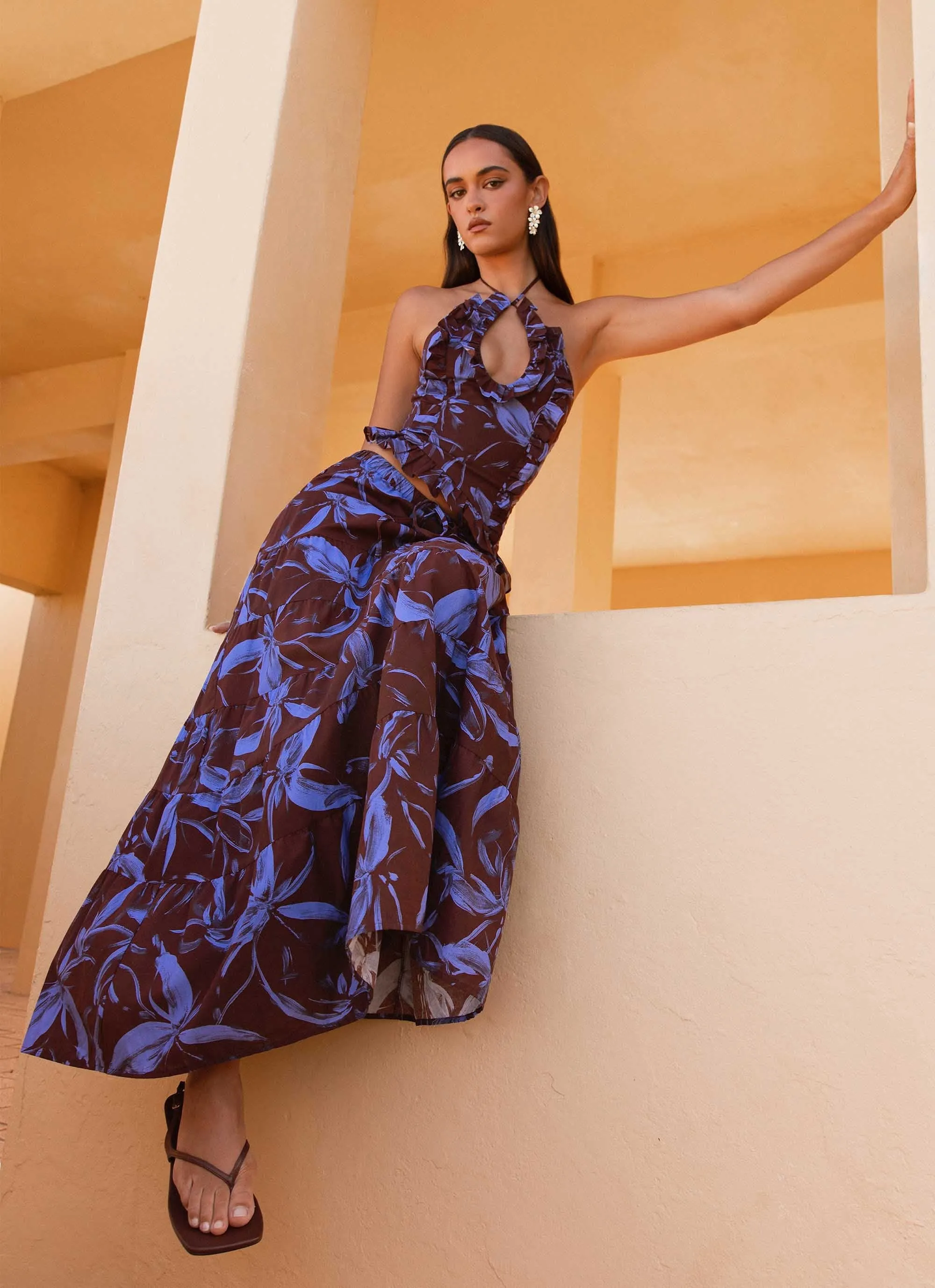 investment piece Mariella Linen Maxi Skirt - Purple Brown Floral