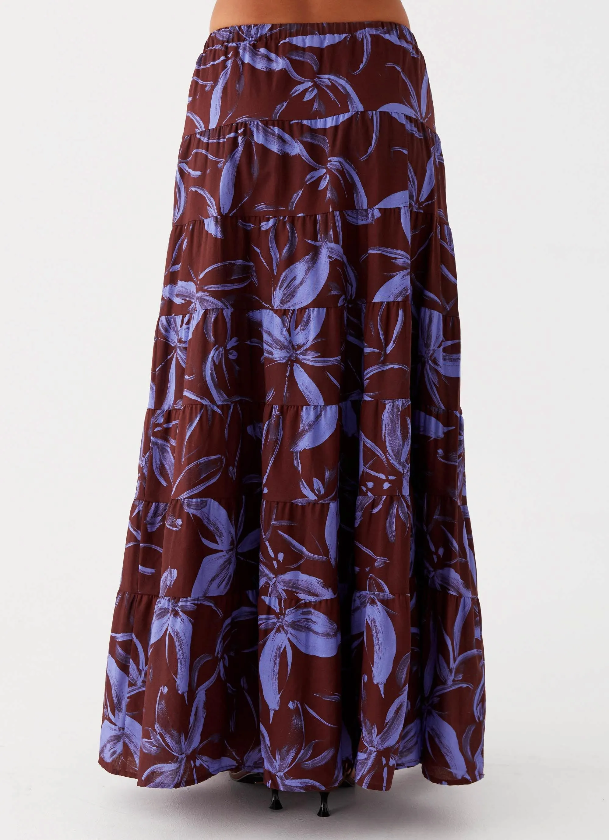 Exclusive Drop Reinforced Hems Mariella Linen Maxi Skirt - Purple Brown Floral