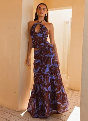 Mariella Linen Maxi Skirt - Purple Brown Floral Adjustable Belt Loops Flexible Material Mariella Linen Maxi Skirt - Purple Brown Floral