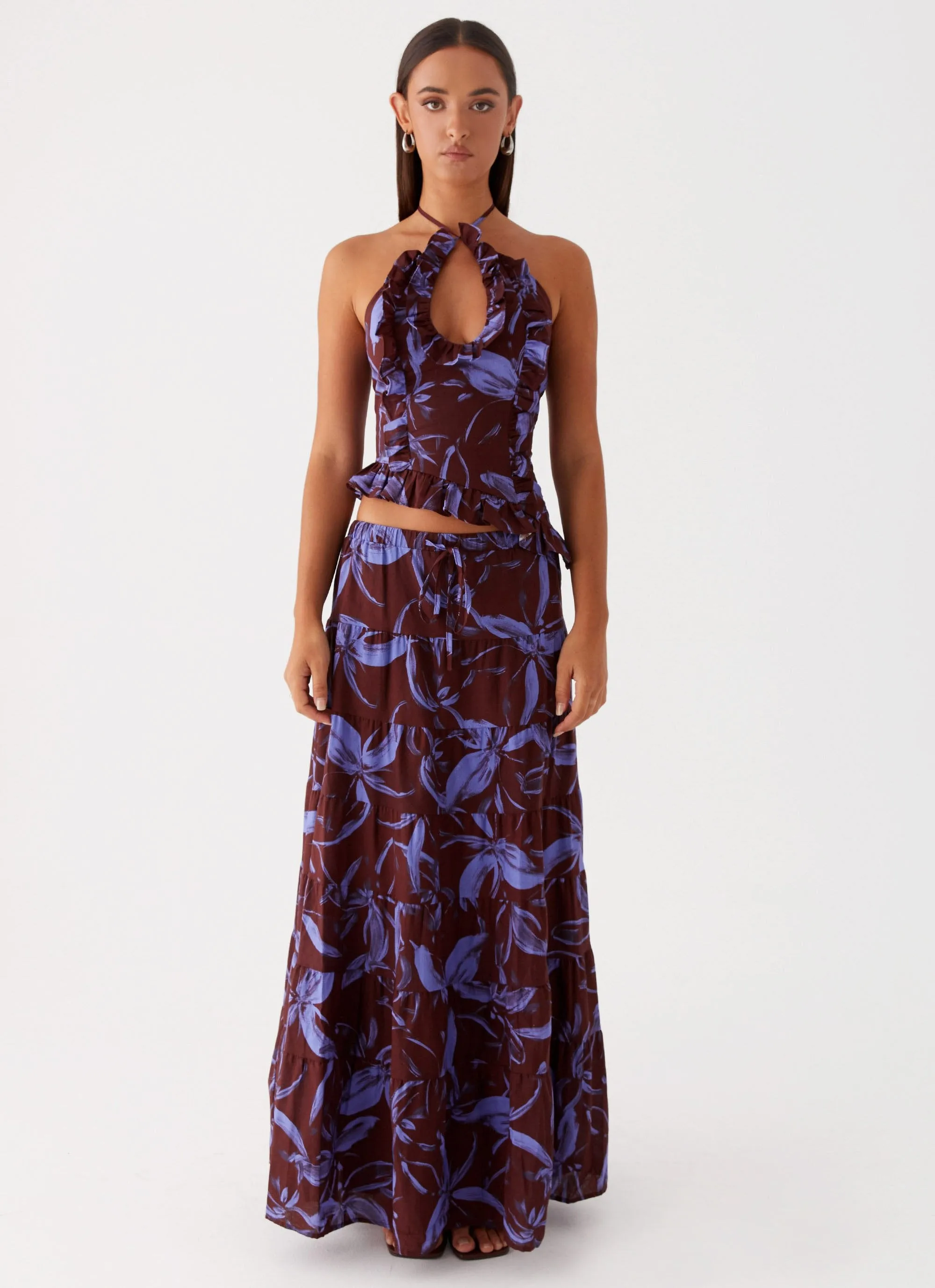 Figure Flattering Mariella Linen Maxi Skirt - Purple Brown Floral