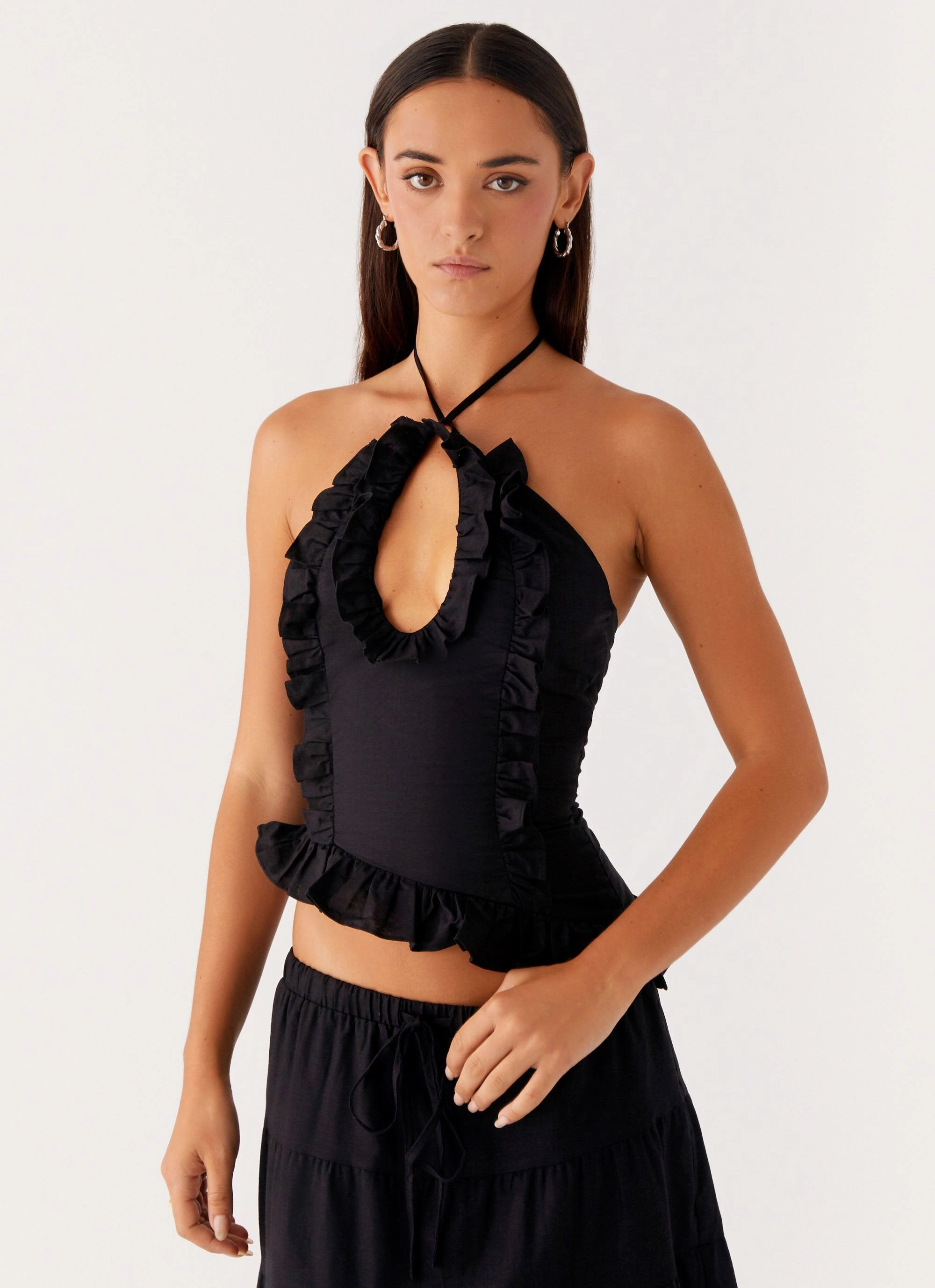 Mariella Linen Top - Black Structured Shoulder Basic Dress