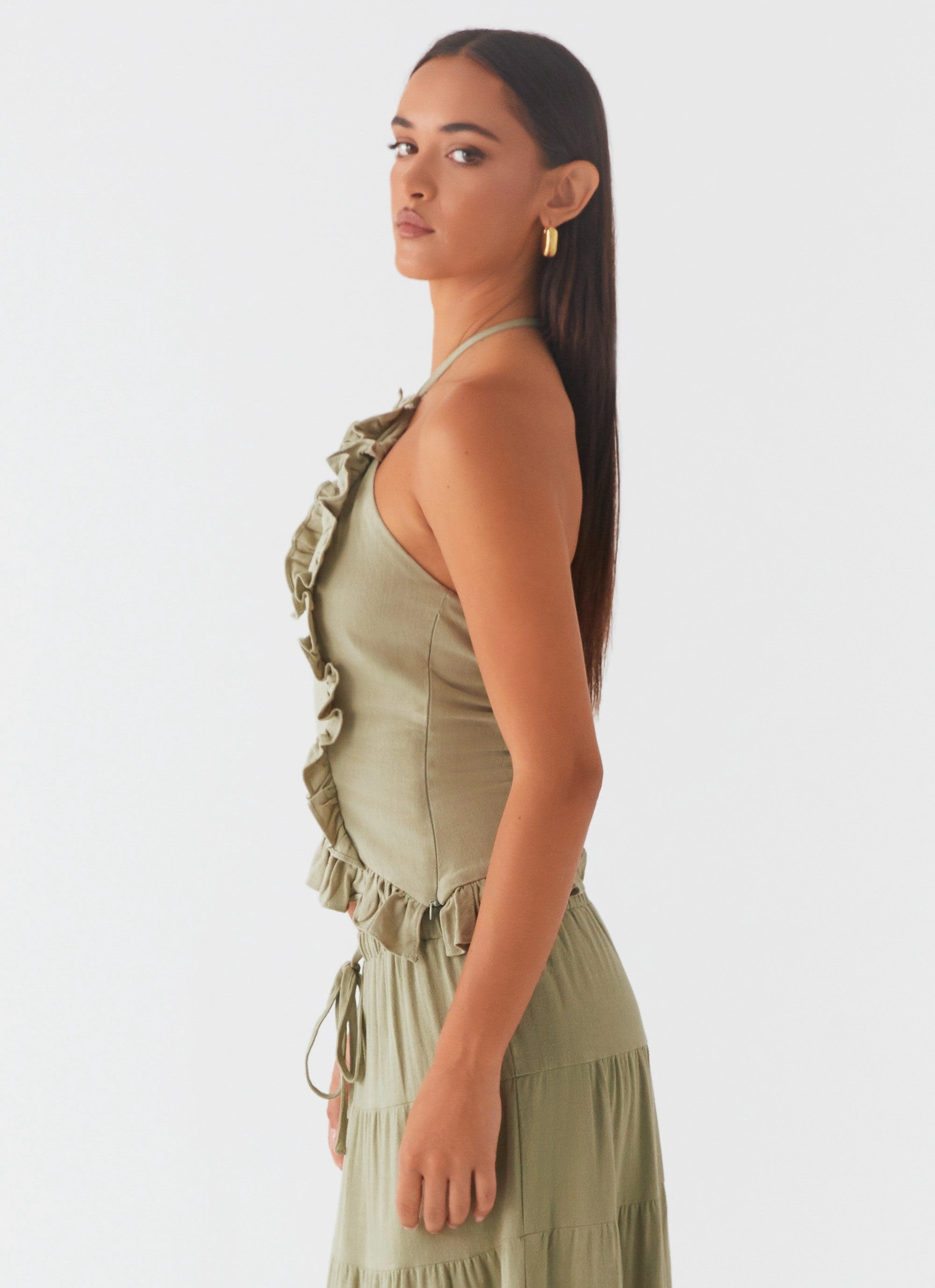 Mariella Linen Top - Sage High Collar Option