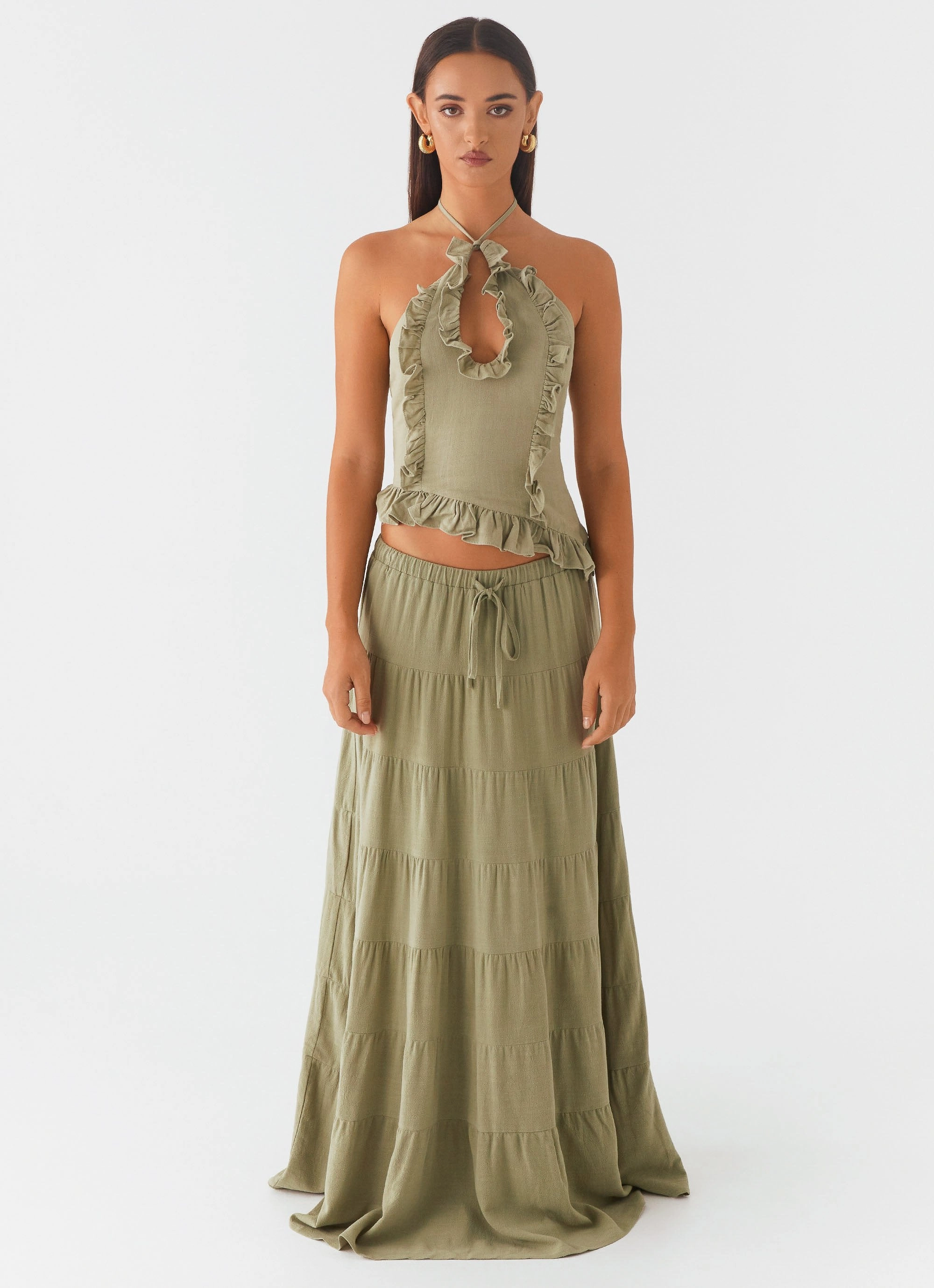 Mariella Linen Top - Sage Stylish Hoodie ButtonFront