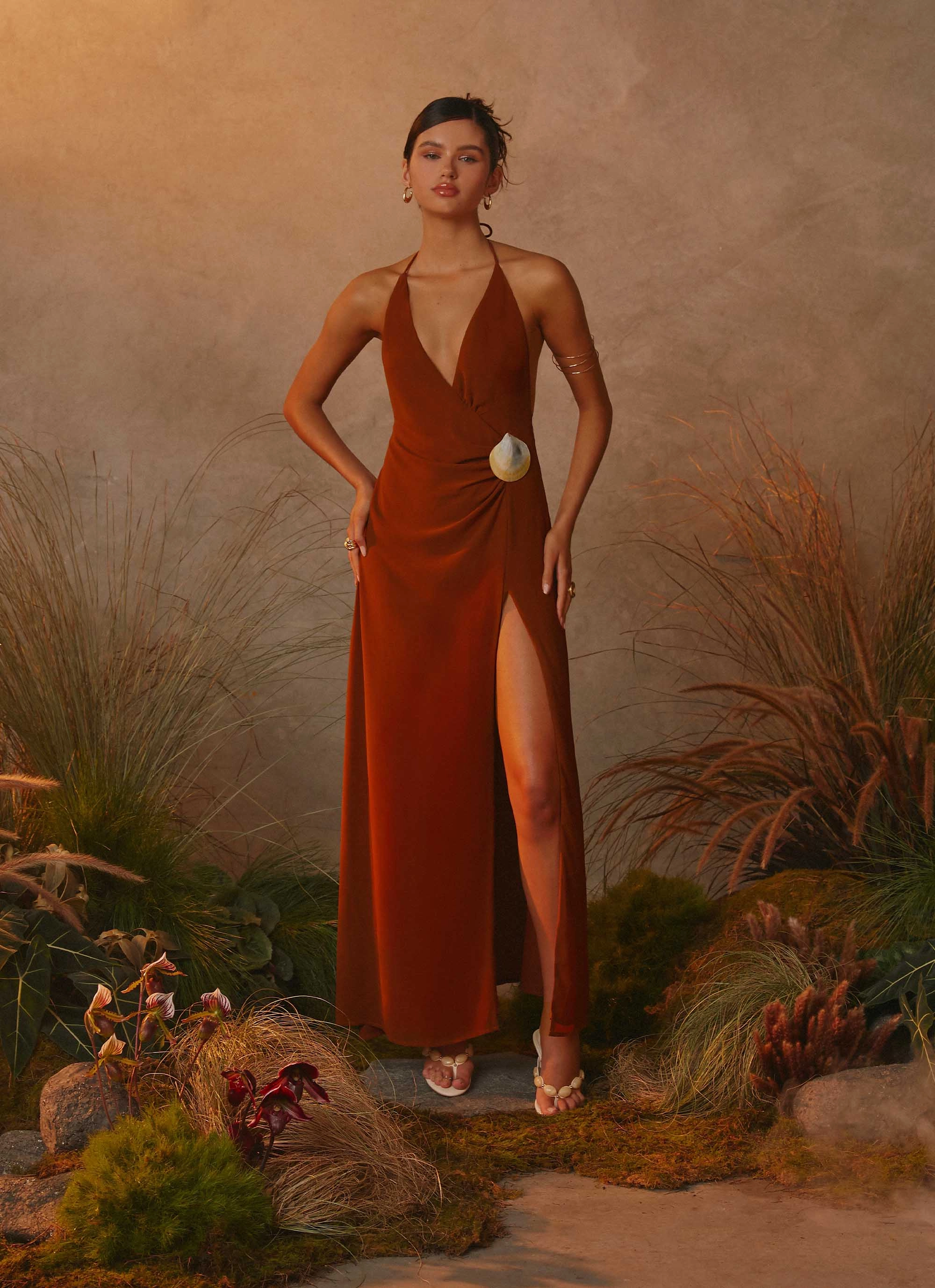 Low-Waist Elegant Simplicity Marjoram Maxi Dress - Chocolate