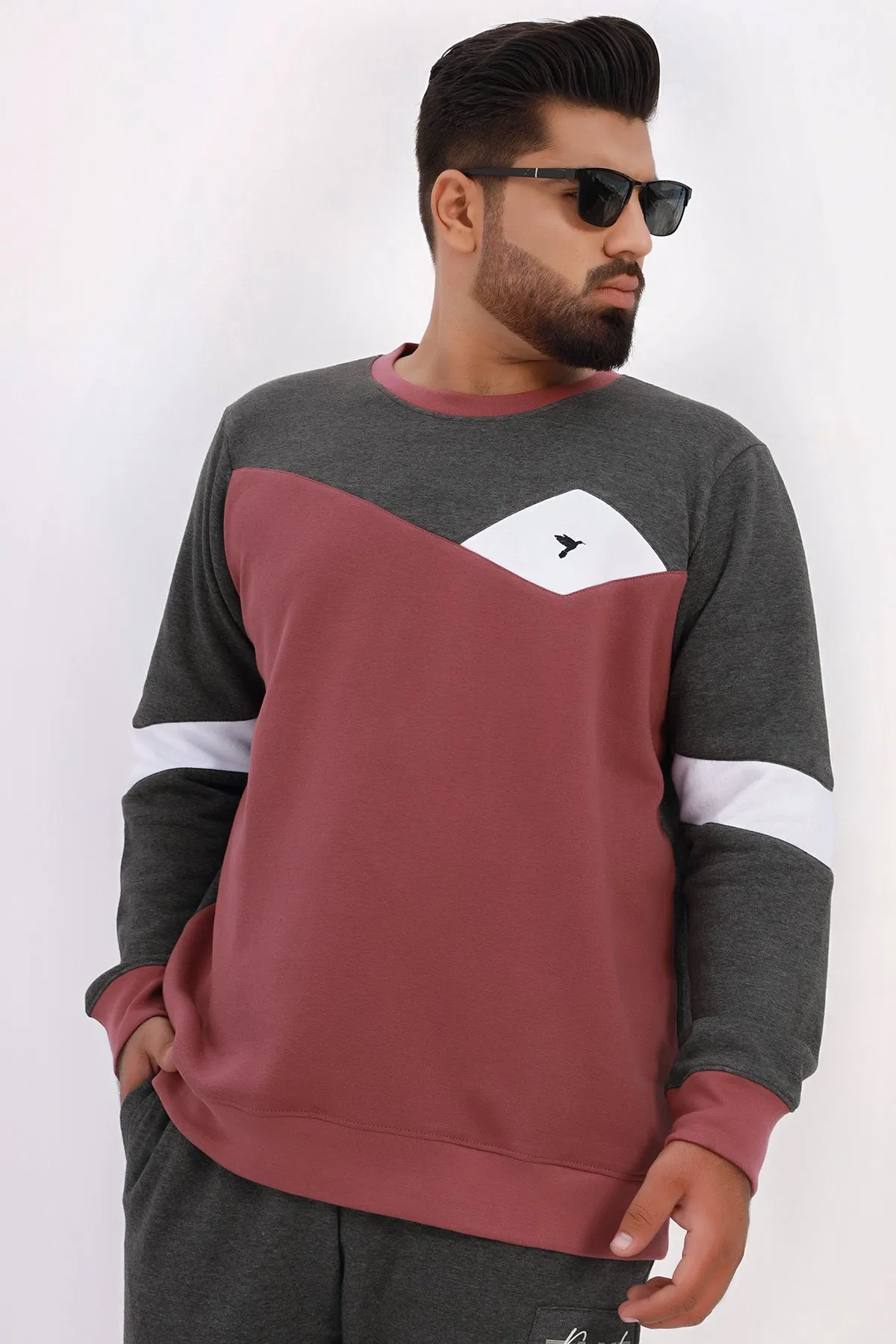Maroon Color Block Sweatshirt (Plus Size) - W22 - MSW074P