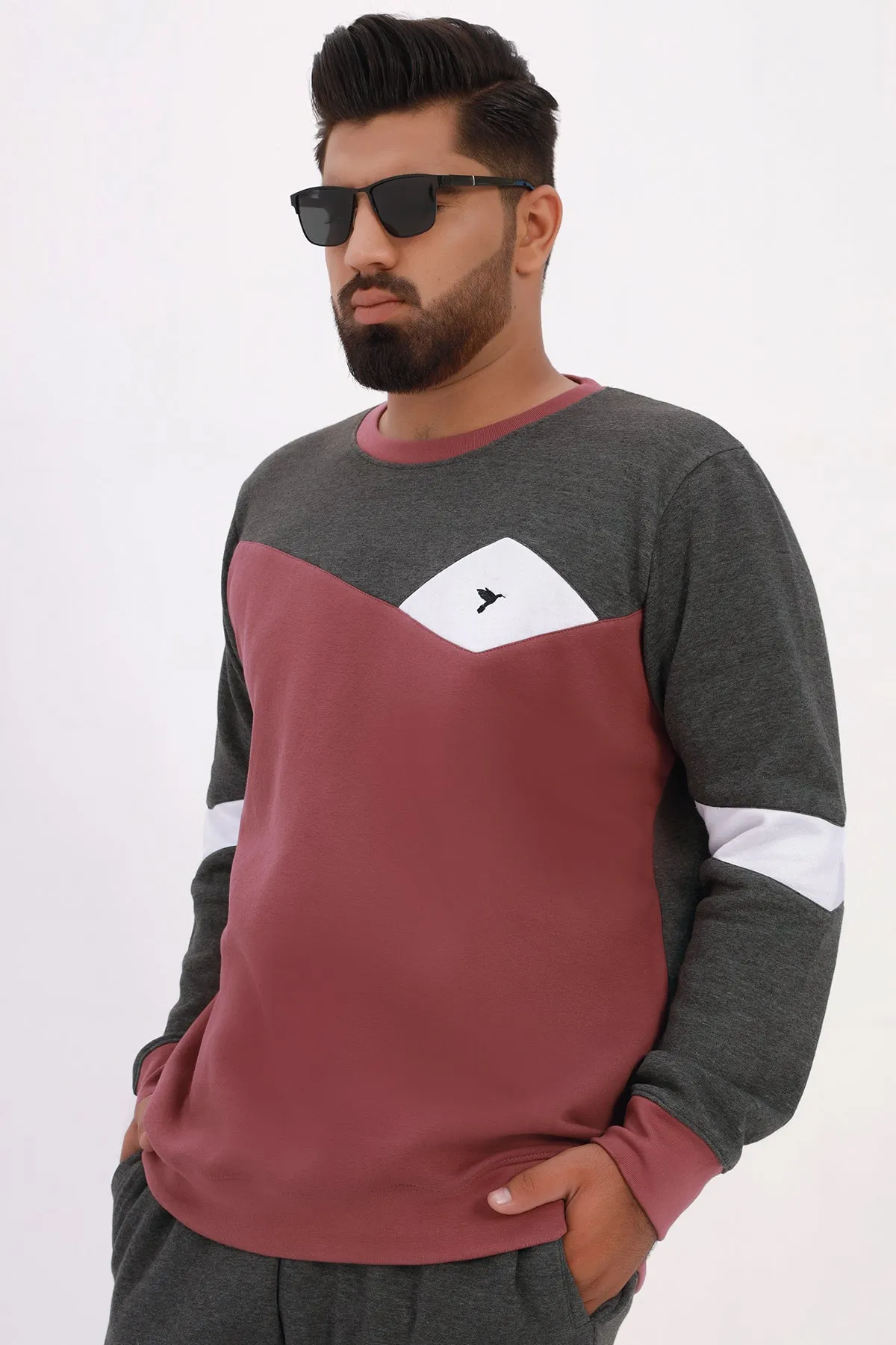 Maroon Color Block Sweatshirt (Plus Size) - W22 - MSW074P