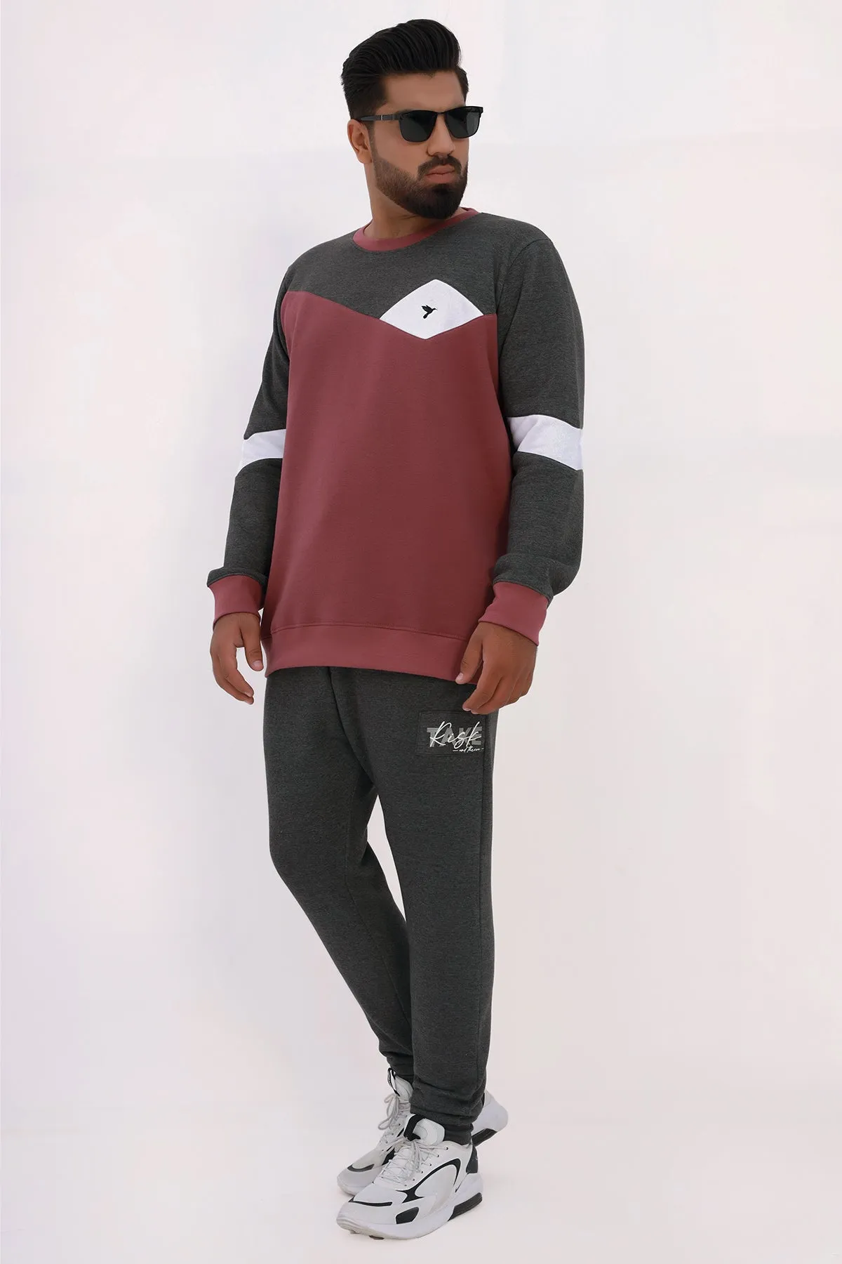Maroon Color Block Sweatshirt (Plus Size) - W22 - MSW074P