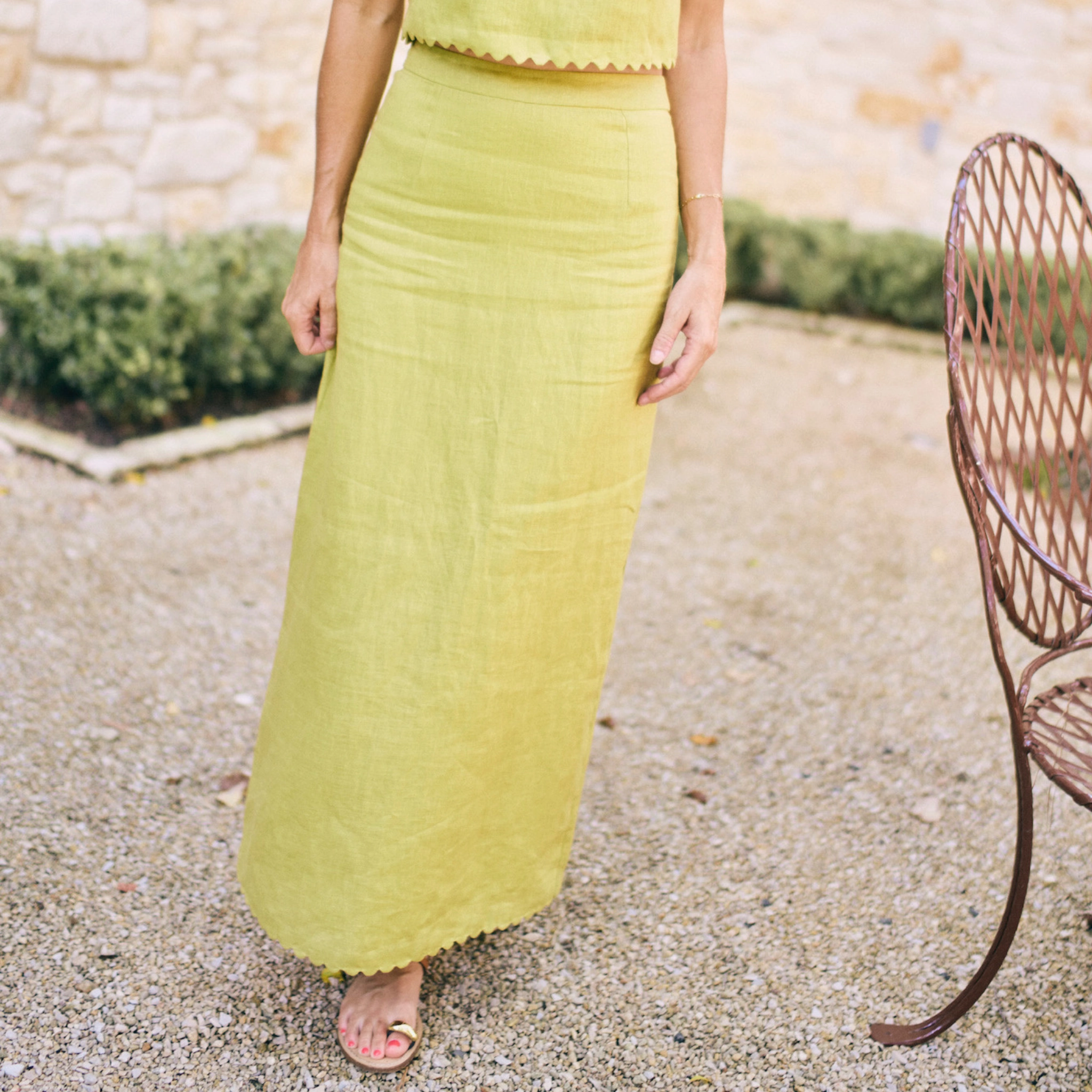 Flexible Knit Blend MASON'S DAUGHTER | Ella Scallop Maxi Skirt, Chartreuse Linen