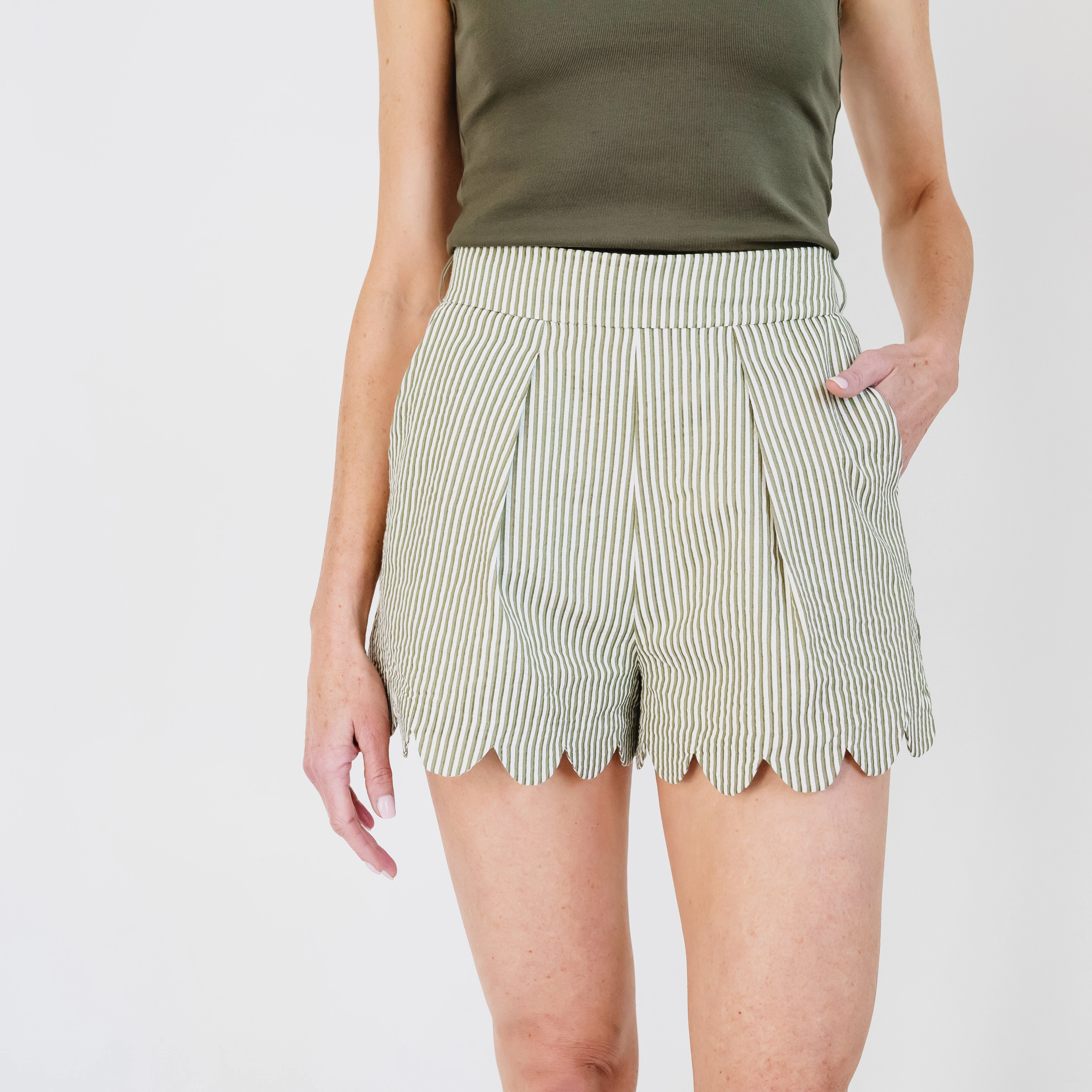MASON'S DAUGHTER | Ella Scallop Short, Olive & Ivory Seersucker Slim Fit Shirt